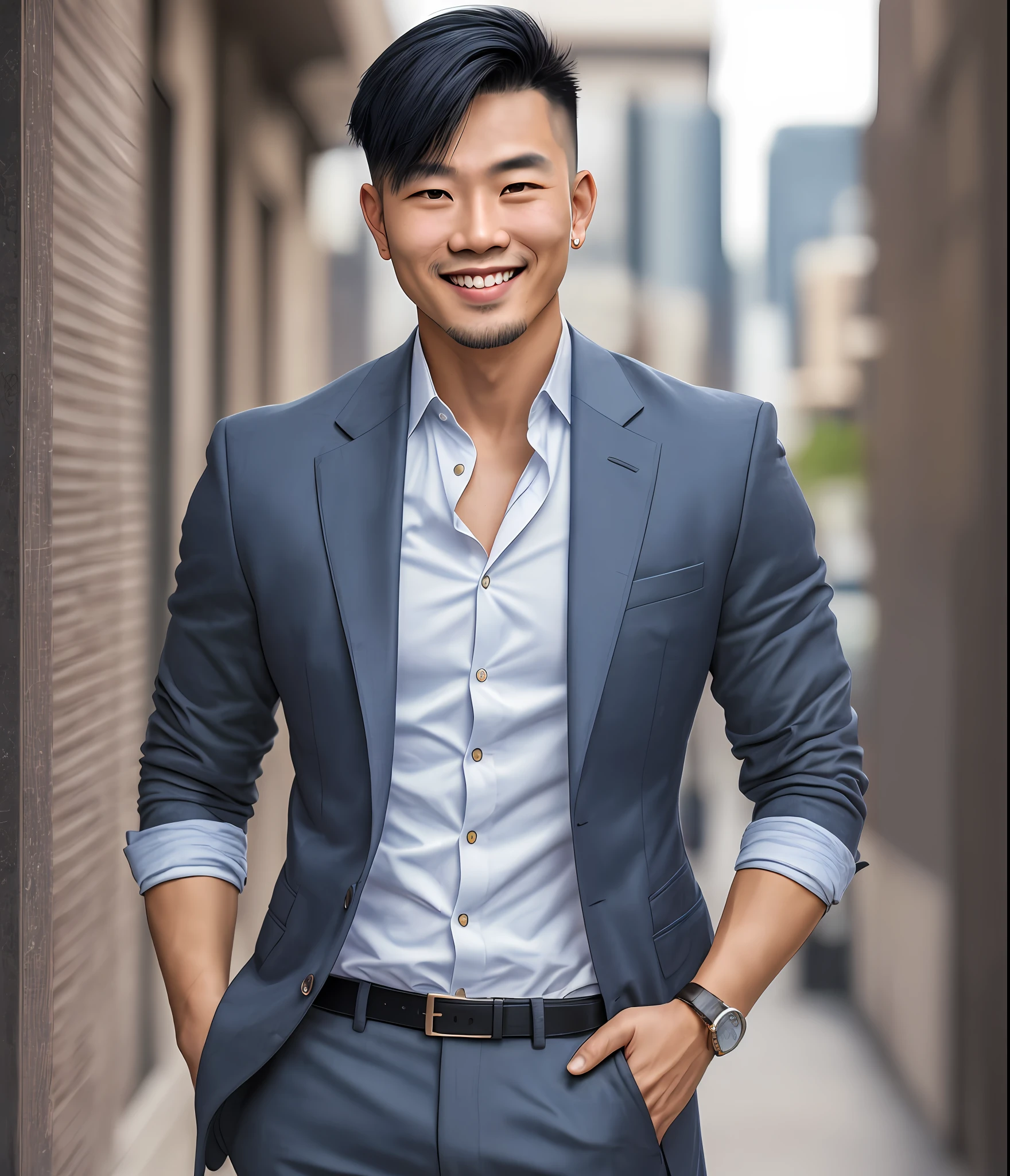 A very handsome Asian man with a captivating smile, confident, charismatic, photorealistic style, portrayed with striking details, captured with a Nikon Z6 and 85mm prime lens, dramatic lighting accentuating his features, against an urban cityscape backdrop. --auto --s2