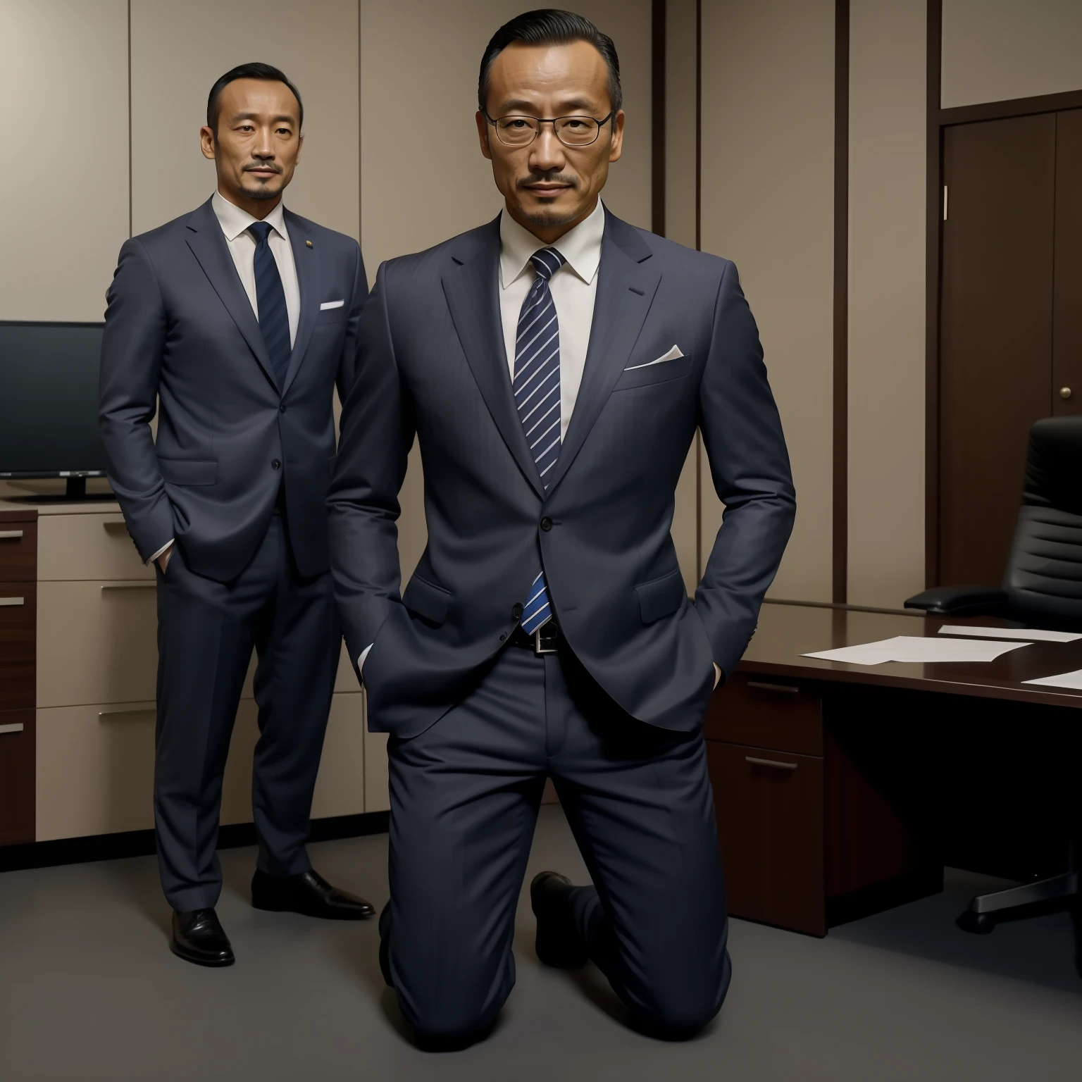 50 anos，Hidetoshi Nakata，（Kogoro Mouri1.3），sem camisa，língua，protuberância，escritório，meias pretas longas，afinar，musculatura，barba，fortaleza，obra de arte de um，obra-prima，k hd，sorria，macacão，terno de negócios，ajoelhado，dois rapazes，mão atrás da cabeça