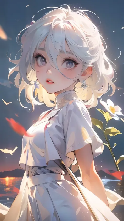 realistic, 1girl, white hair, purple eyes, glowing eyes, cropped top, skirt, parted lips, blush, night, flowers, sun, sunlight, ...