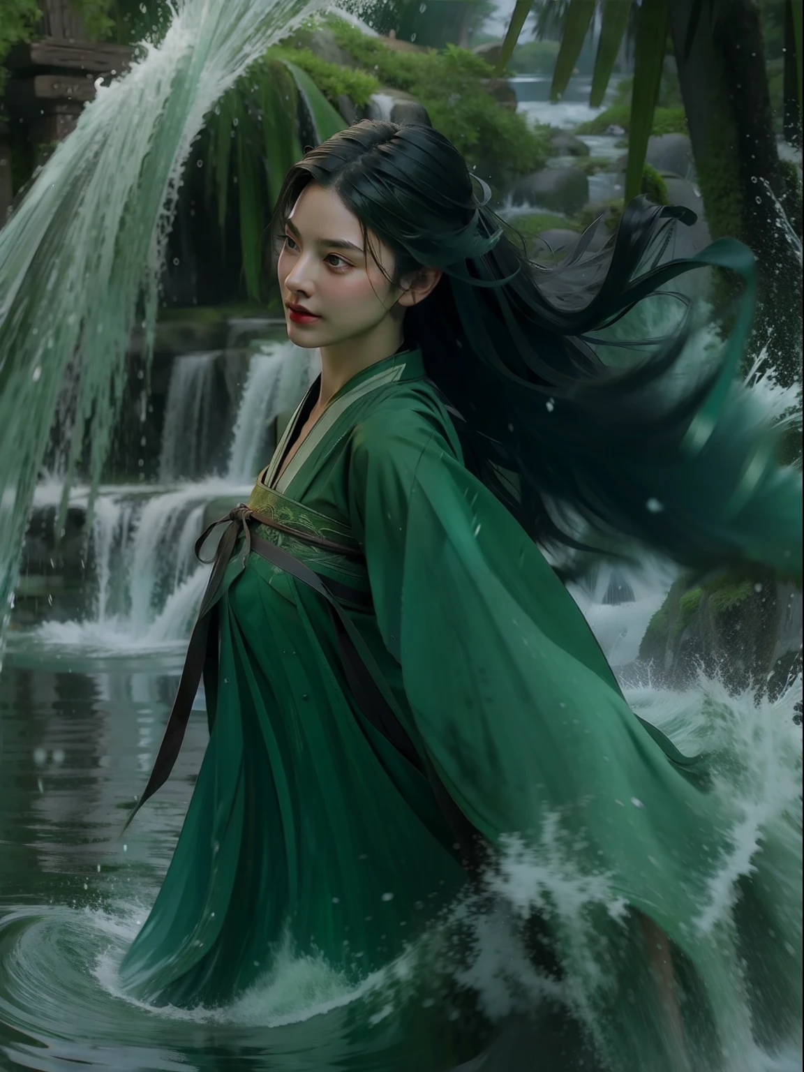 best picture quality, masterpiece, super high resolution, legendary plot, jade water tree, girl solo, dark green long hair, floating in the sea with water ripples and rain flying around her. The girl should have red lips slightly opened and be shown as a full body shot.fully body photo。Hanfu。Waterspout，liquid simulation，Flying water，perfectly symmetrical，Perfectcomposition，vfx，dynamic blur