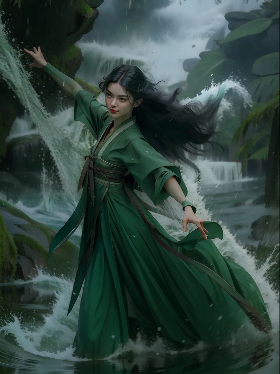 best picture quality, masterpiece, super high resolution, legendary plot, jade water tree, girl solo, dark green long hair, floating in the sea with water ripples and rain flying around her. The girl should have red lips slightly opened and be shown as a full body shot.fully body photo。Hanfu。Waterspout，liquid simulation，Flying water，perfectly symmetrical，Perfectcomposition，vfx，dynamic blur