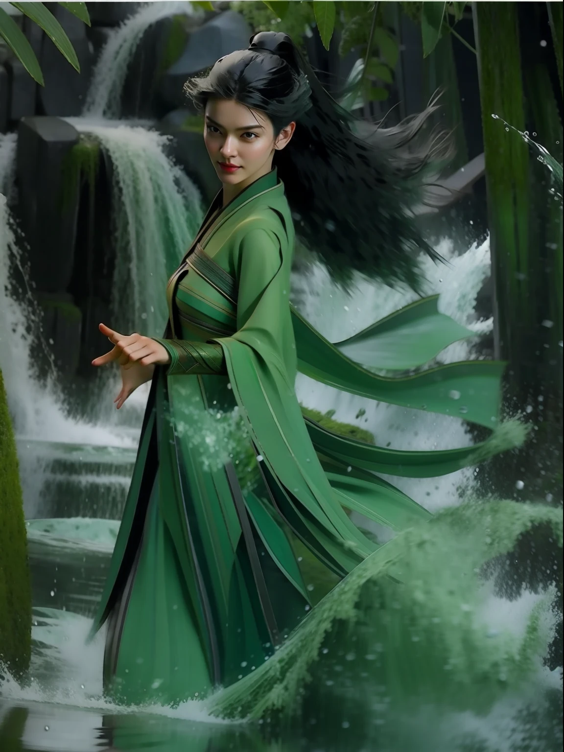 La mejor calidad de imagen, Obra maestra, súper alta resolución, Trama legendaria, Árbol de agua de jade, girl solo, pelo largo verde oscuro, flotando en el mar con las ondas del agua y la lluvia volando a su alrededor. La niña debe tener los labios rojos ligeramente abiertos y mostrarse en una foto de cuerpo completo..foto de cuerpo completo。hanfu。tromba marina，Simulación de líquidos，agua voladora，perfectamente simétrico，composición perfecta，efectos visuales，desenfoque dinámico