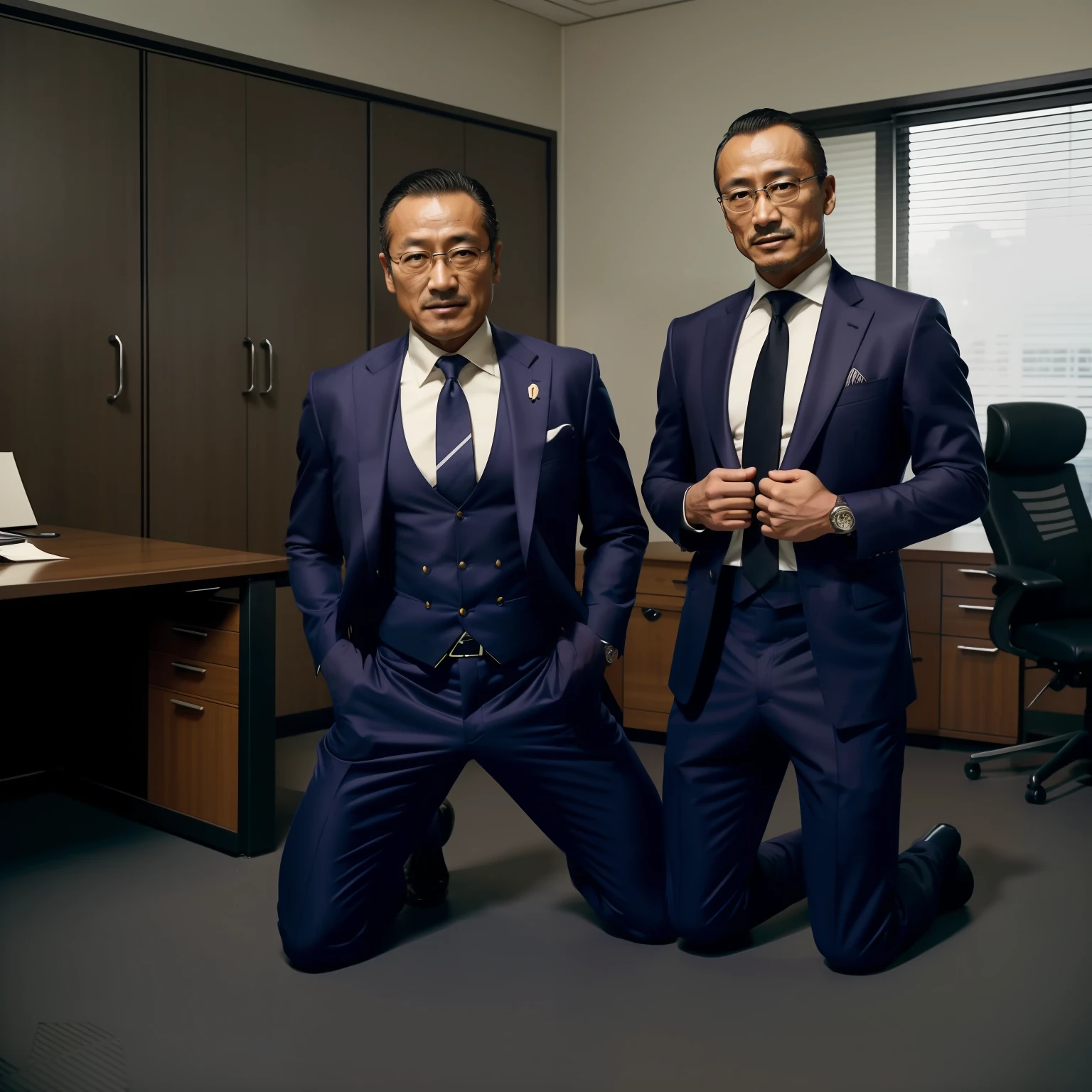 50yearsold，Hidetoshi Nakata，（Kogoro Mouri 1.3），Shirtless，Tong，Bulge，office room，black long socks，Thin，musculature，lbeard，fortitude，artwork of a，tmasterpiece，k hd，ssmile，tightsuit，large pecs，Kneeling，two guys，hands on the chest