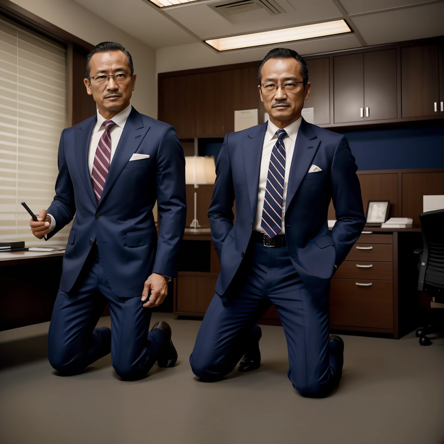 50yearsold，Hidetoshi Nakata，（Kogoro Mouri 1.3），Shirtless，Tong，Bulge，office room，black long socks，Thin，musculature，lbeard，fortitude，artwork of a，tmasterpiece，k hd，ssmile，tightsuit，Business suit，Kneeling，two guys，hand behind head