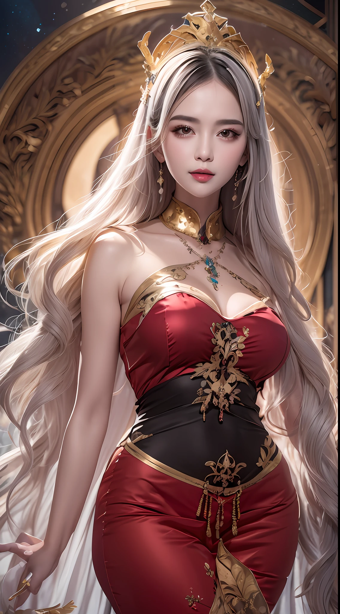 Retrato de un joven santo de 20 años, un santo con una cara hermosa y super linda,Llevaba un vestido rojo fino con ribete dorado y un vestido brillante y sexy., Ao dai está tachonado de pequeñas perlas brillantes., Hermosa cara linda, Ao dai con una profunda abertura en el pecho y un atractivo ribete de encaje blanco y negro, hermoso rostro sin imperfecciones, sonrisa encantadora, ((Longitud del cabello de 7 colores.:1.2)), gran corona, Broche para el pelo, vestido hanfu, estilo antiguo chino, Joyería de cuerpo completo, tatuaje en la frente, Los pechos de la santa son redondos y muy llenos., aumento de senos, cara inocente, El lápiz labial rojo claro más bonito y detallado., ((labios finos y regordetes:0.3)), ((Ojos dorados:1.2)), Los ojos están delicadamente decorados.,(blanco y detallado) cinematográfico, luz y oscuridad, iluminación dramática, luz magica, luz extremadamente detallada, true color, súper afilado, Realista, calidad 8K, Fondo del universo de fantasía, santos y espacio mágico, las imágenes más detalladas, Solo, una santa, ((mirando directamente a la parte superior del cuerpo del santo:0.4)), ((piel suave:0.5)), Píxeles extremadamente detallados, super true, gráficos extremadamente detallados y complejos, La resolución más alta, retrato de primer plano,