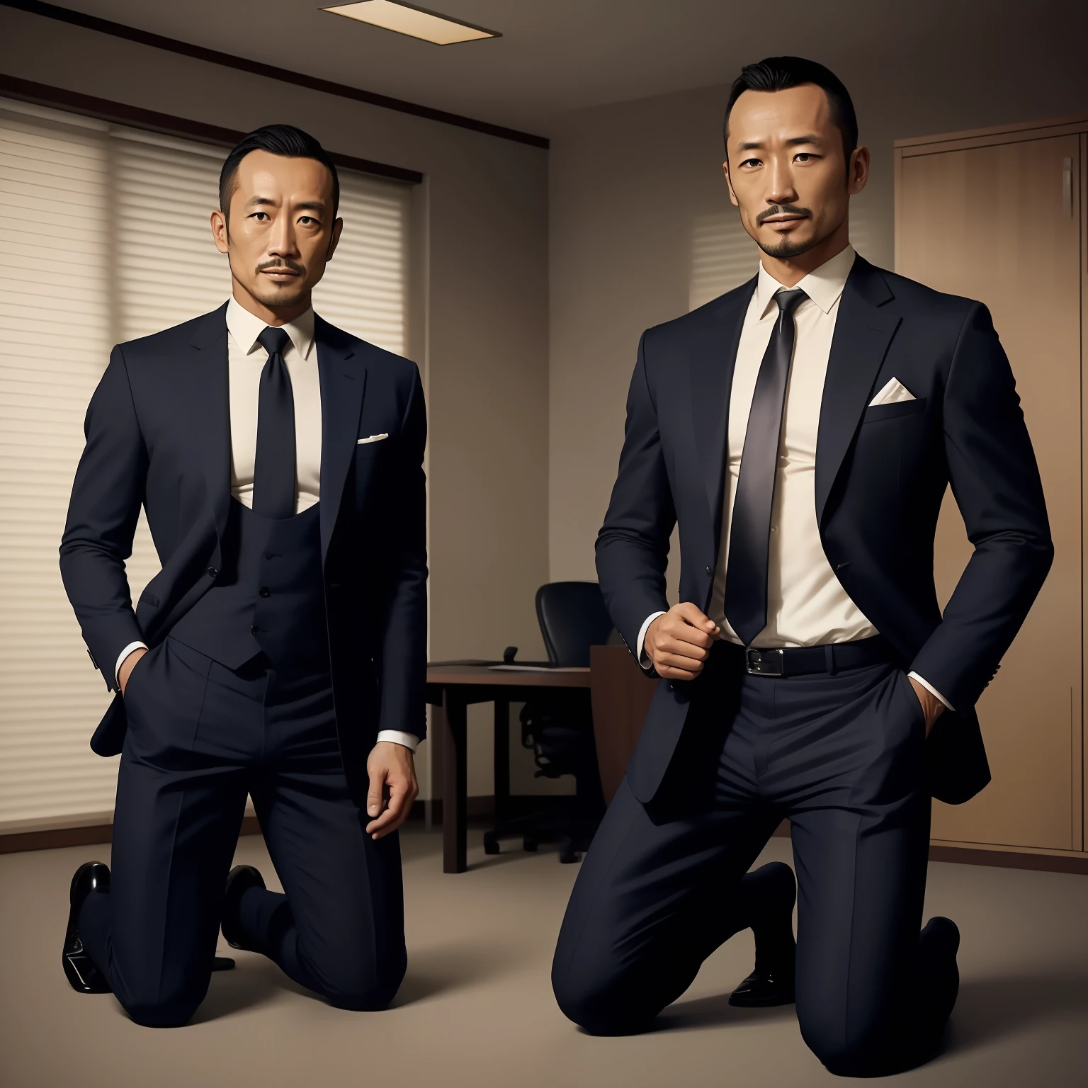 50 anos，Hidetoshi Nakata，（Kogoro Mouri1.3），sem camisa，língua，protuberância，escritório，meias pretas longas，afinar，musculatura，barba，fortaleza，obra de arte de um，obra-prima，k hd，sorria，macacão，terno de negócios，ajoelhado，dois rapazes，mão atrás da cabeça