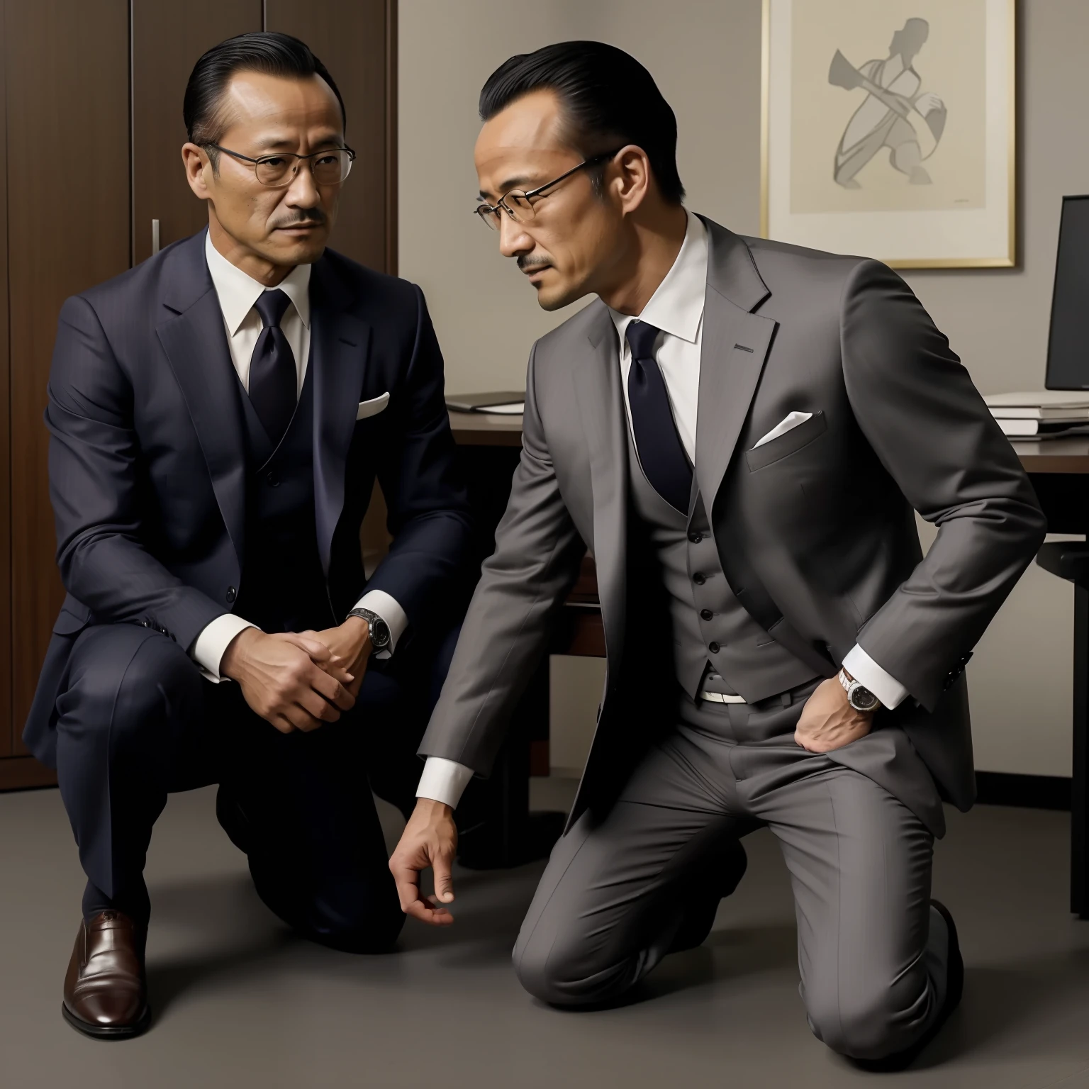 50歳，Hidetoshi Nakata，（Kogoro Mouri 1.3），上半身裸，トン，膨らみ，オフィスルーム，黒のロングソックス，薄い，筋肉，ひげ，不屈の精神，のアートワーク，傑作，KHD，笑う，グレーのスーツ，ひざまずく，二人の男，ポケットに手を入れる