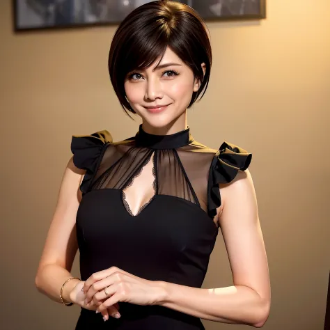 adult  woman、女優、black color dress、a pixie cut、flat chest、perfect body type、a smile、face perfect、detailed upper body concept