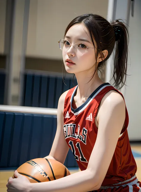 arafed asian woman in a red uniform holding a basketball ball, wearing basketball jersey, shot on a Canon EOS R5, shot on canon ...