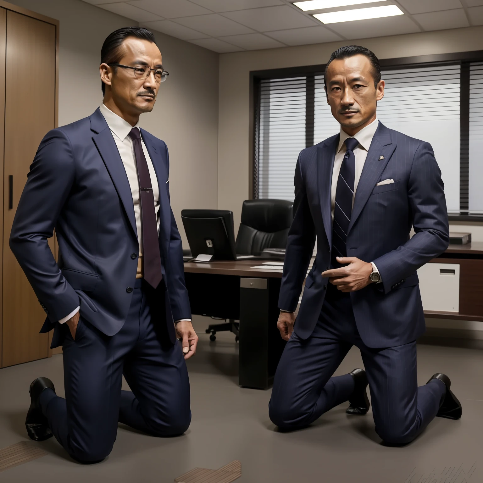 50歳，Hidetoshi Nakata，（Kogoro Mouri 1.3），上半身裸，トン，膨らみ，オフィスルーム，黒のロングソックス，薄い，筋肉，ひげ，不屈の精神，のアートワーク，傑作，KHD，笑う，タイトスーツ，ひざまずく，二人の男