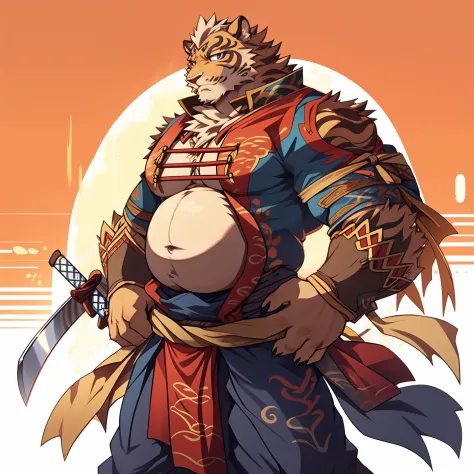 Lin Hu，musculature，tit，Fat Chubby，Wear a katana，potbelly，Plump and firm，Huge protrusions on the lower body，Wear a katana，Samurai...