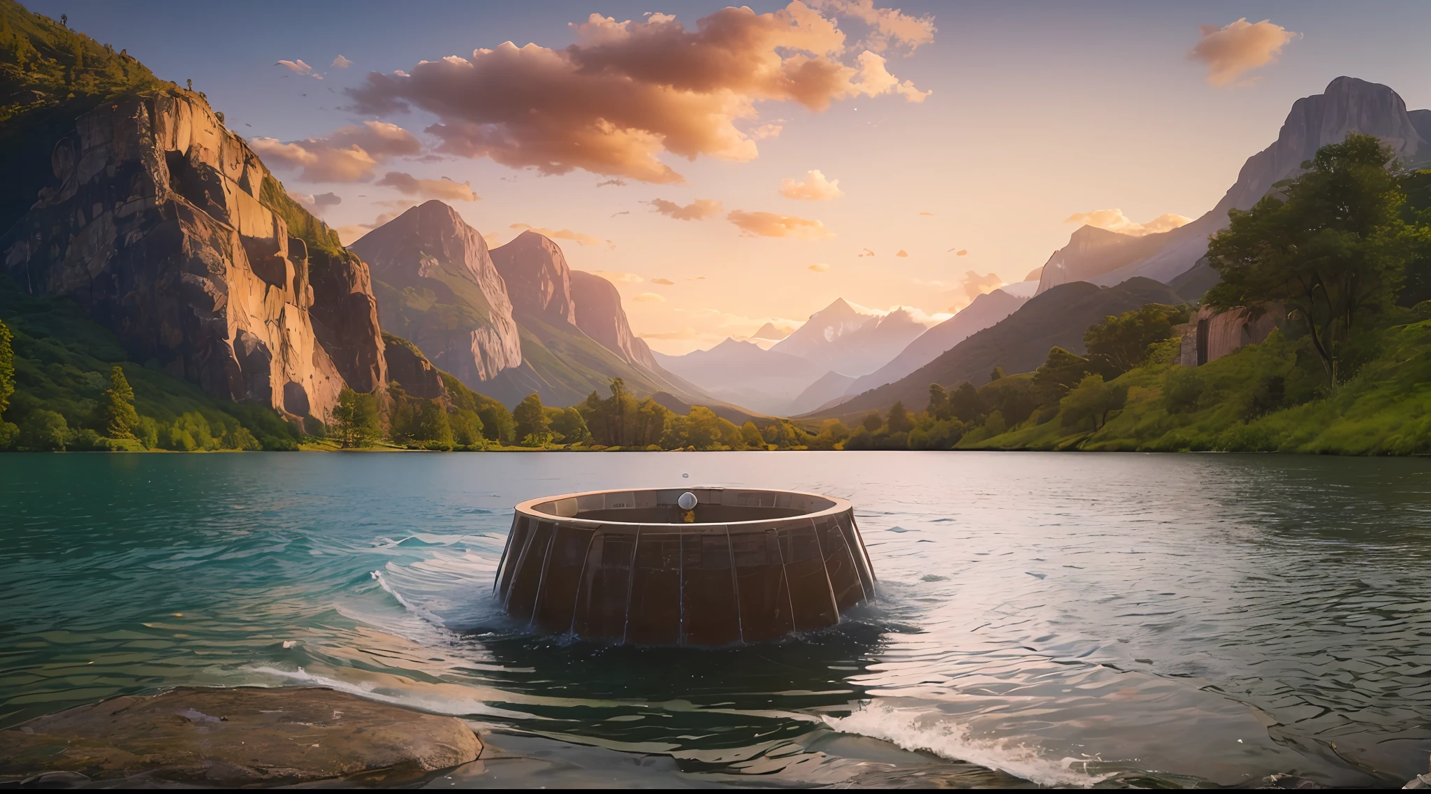 (A lake with a water Dam, Control water, waves.) mountains behind it, a sunset landscape, a rock in front, a boat, Canon 50m lens effect, focused gaze in the middle, detailed, 8k, fantastic, natural, --auto --s2