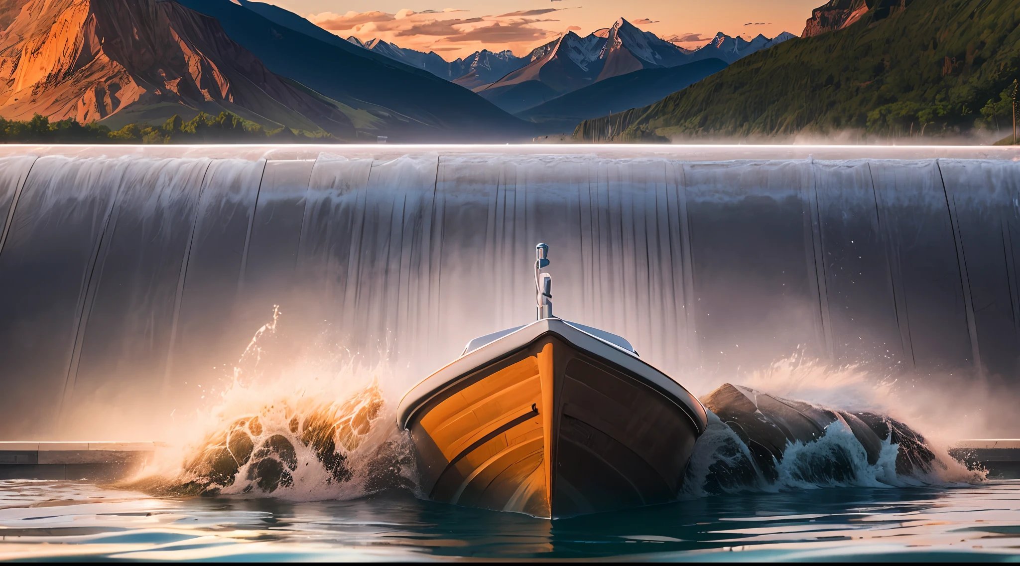 (A lake with a water Dam, Control water, waves.) mountains behind it, a sunset landscape, a rock in front, a boat, Canon 50m lens effect, focused gaze in the middle, detailed, 8k, fantastic, natural, --auto --s2