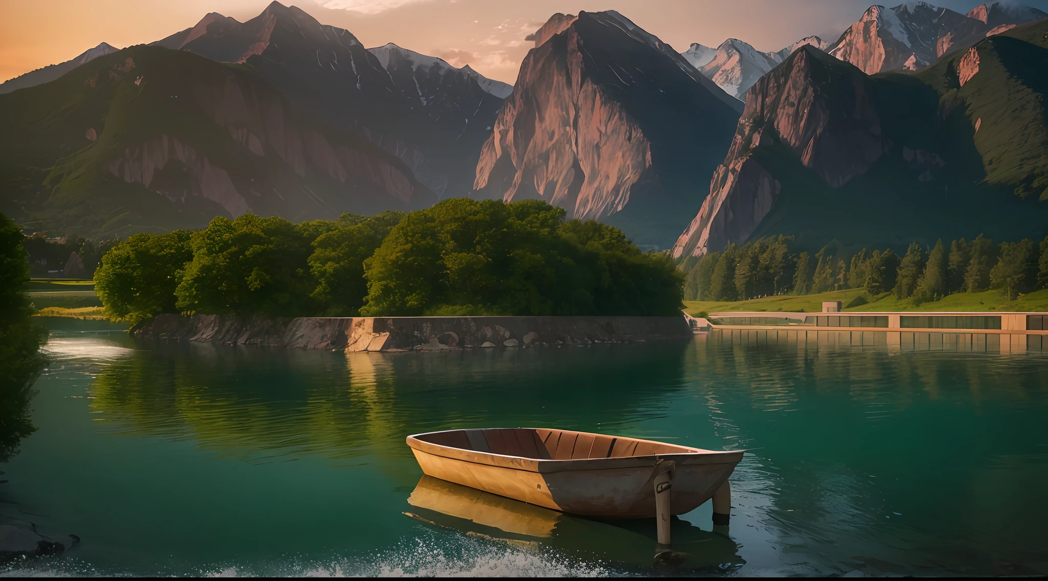 (A lake with a water Dam, Control water, waves.) mountains behind it, a sunset landscape, a rock in front, a boat, Canon 50m lens effect, focused gaze in the middle, detailed, 8k, fantastic, natural, --auto --s2