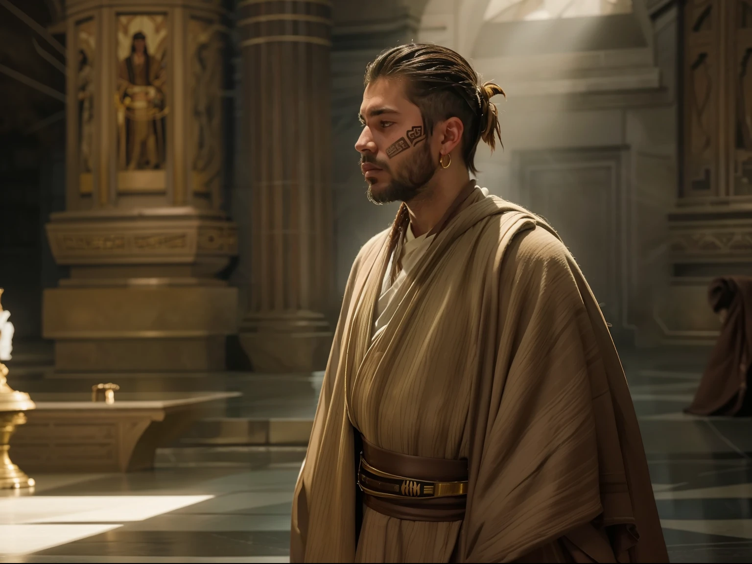 **Valen Rix, male character with olive skin, black eyes and tribal facial tattoos traditional to the Mirialan culture. He wears a brown robe with gold trim, traditional Jedi style. In his right hand he wields a green lightsaber. He is training with other Jedi in the great hall of the Jedi Temple, which has tall pillars made of white marble and granite floors of the same color. Rays of sunlight enter through the temple's stained-glass windows
