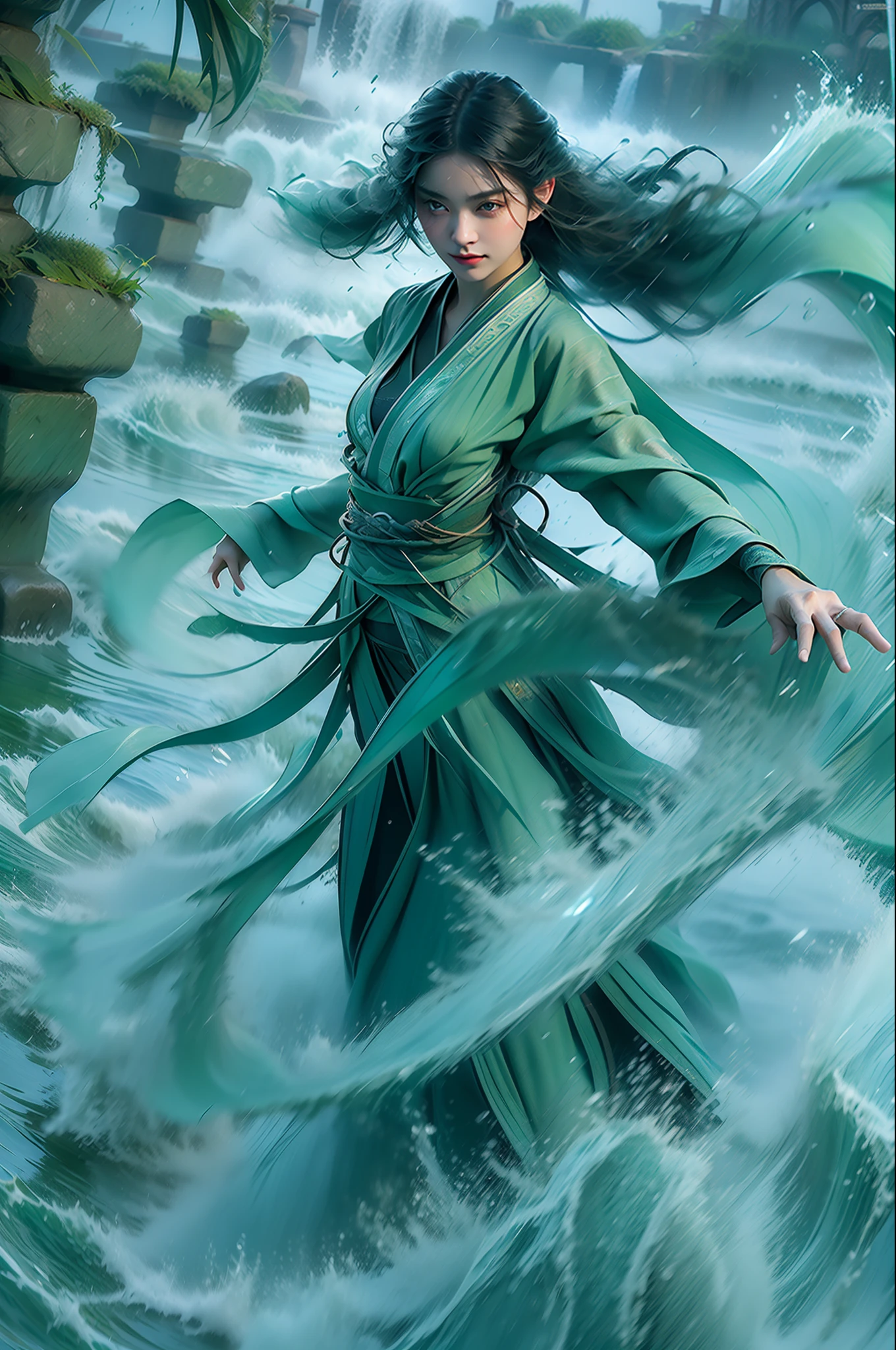 Best quality,masterpiece,ultra high res,,yushuishu,1girl,solo,black hair,water,waves,lips,full body,best picture quality, masterpiece, super high resolution, legendary plot, jade water tree, girl solo, dark green long hair, floating in the sea with water ripples and rain flying around her. The girl should have red lips slightly opened and be shown as a full body shot.fully body photo。Hanfu。Waterspout，liquid simulation，Flying water，perfectly symmetrical，Perfectcomposition，vfx，dynamic blur