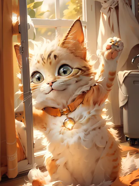 orange kitten，ssmile，raise one front paw，the light from the back window is backlighted，the edges glow