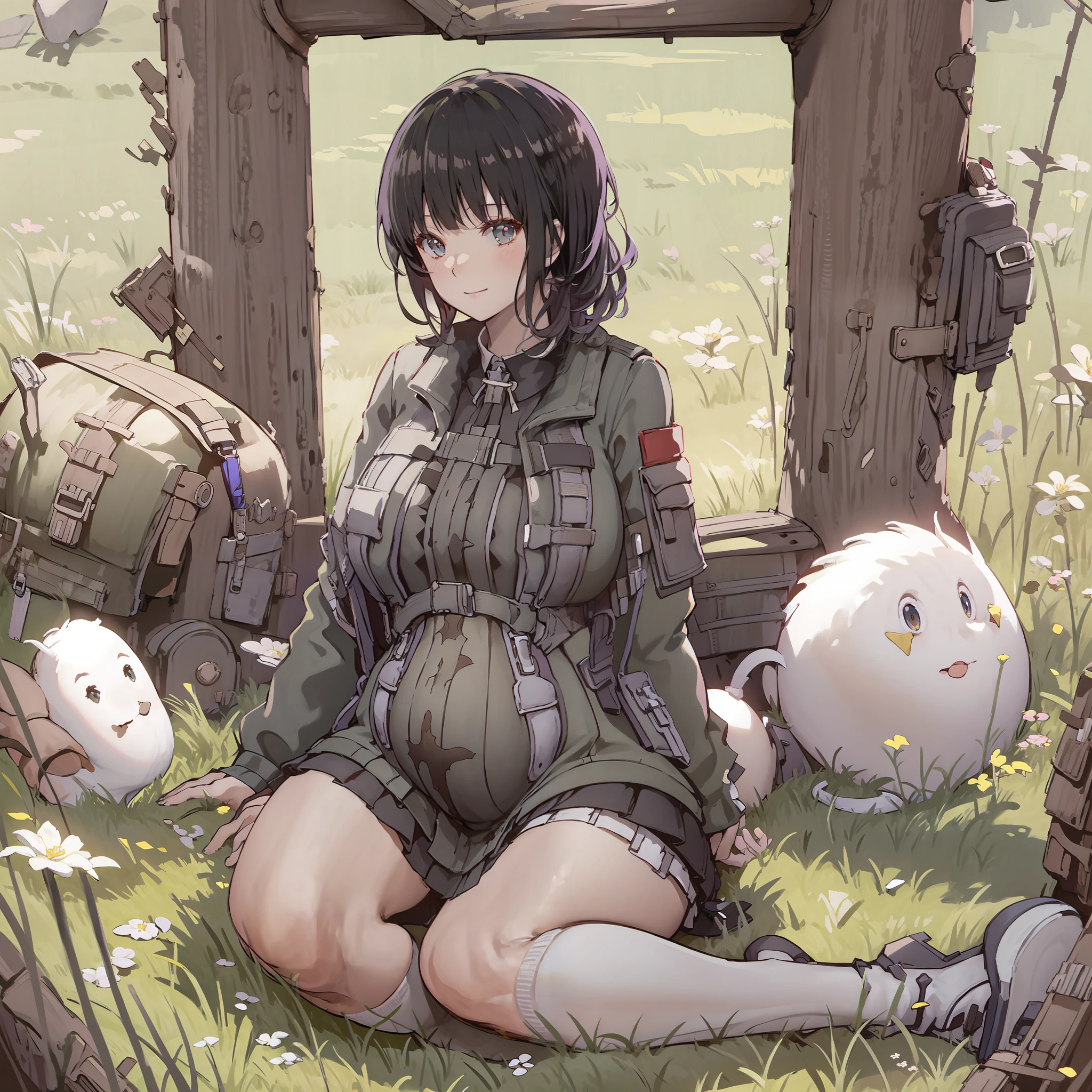 Black hair, Pregnant belly, white stockings, army suit, Sit on grass, one-girl, Sexy mature, ssmile, Anime comic style, 8K, Super detail