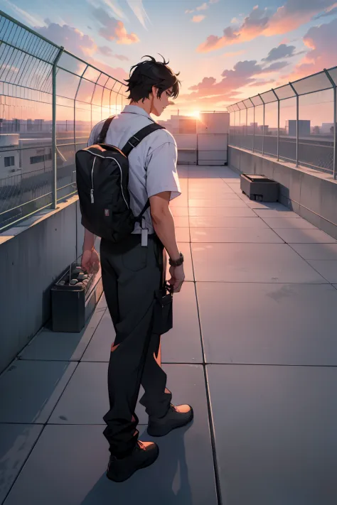 School rooftop，1 male teacher, Sunset，Chain link fence，Masterpiece，Best quality，highly details。