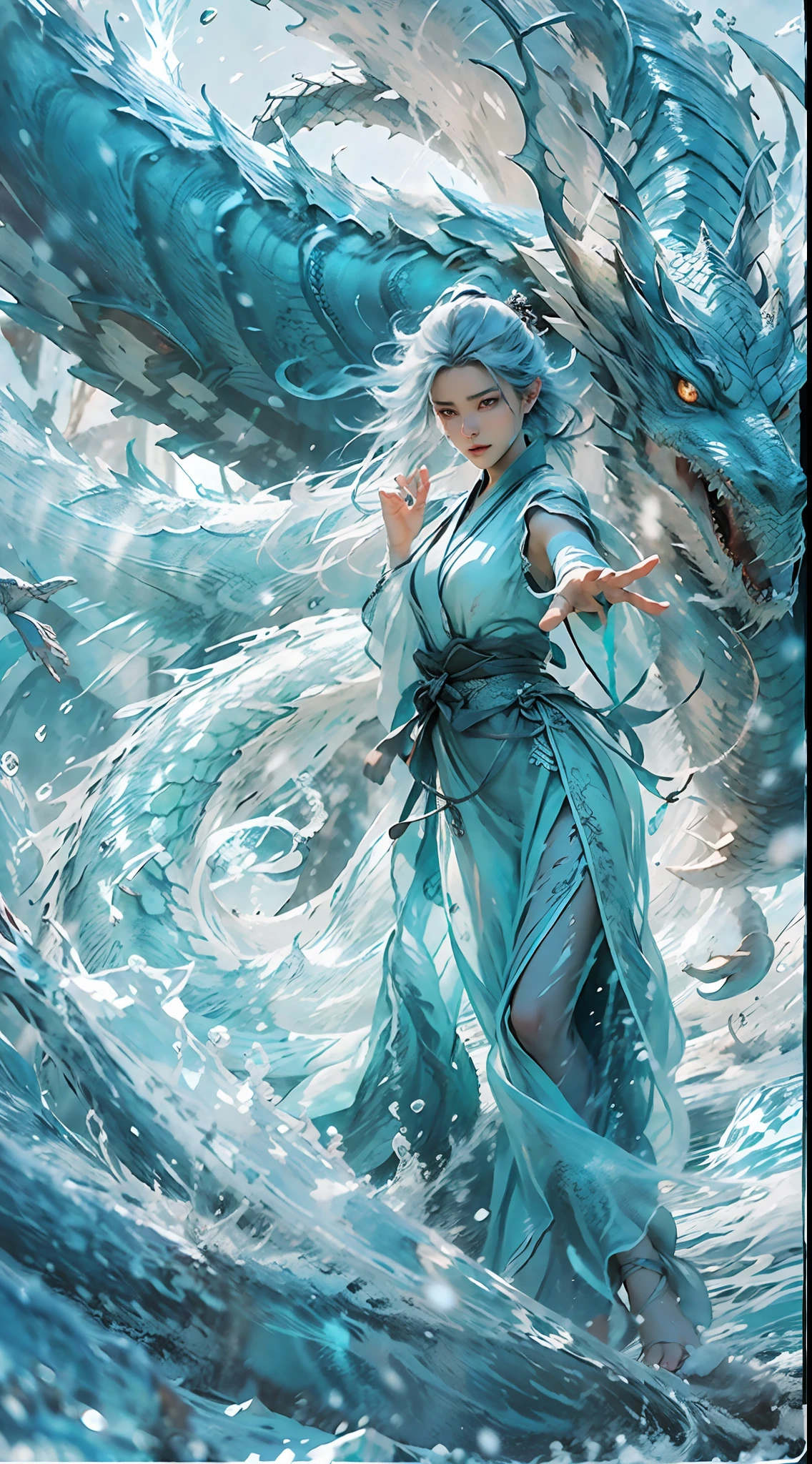 (((1girll，Cast spells with both hands，Draw a taiji diagram，Water magic)))，Imperial water，A magician，（Loose dress：1.5），（Perfect facial features：1.4），（Blue silk robe），（Mysterious magic formations：1.2），((Green Ice Dragon，The ice dragon hovered))，（Ice crystal scales），Blue glow，（Frost wings），Powerful ice magic，Icicles，Towering over the landscape，Blue light cold light，Ice storms，wind，Flying snow ice and snow，Amazing results，,best qualityer,tmasterpiece,Ultra-high resolution,finely detailled,Complicated details,8K resolution,8KUCG wallpaper,hdr,water blue,Magic Array,Cinematic lighting effects,lightand shade contrast，Ray traching、nvidia RTX