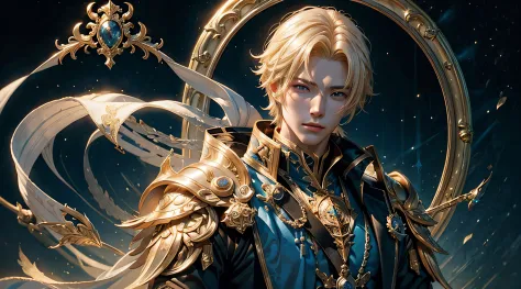 solo, 1man, male character in a blue and gold outfit, portrait of magical blond prince, by yang j, from lineage 2, male blonde r...