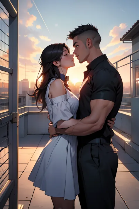 campus rooftop，1 teacher and 1 handsome male teacher kissing，the setting sun，chain railings，tmasterpiece，best picture quality，hi...