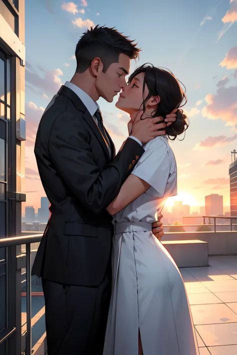 campus rooftop，1 teacher and 1 handsome male teacher kissing，the setting sun，chain railings，tmasterpiece，best picture quality，hi...