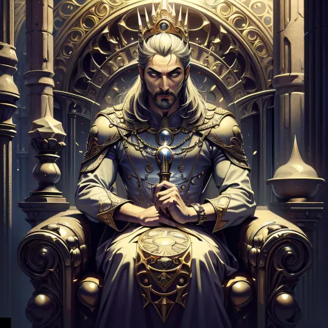 Tarot card, o imperador, Man advanced and mature age, barba, trono de pedra olhando para o espectador, coroa, cetro, roupa de re...