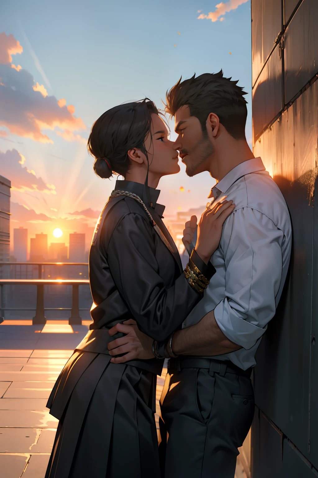 Campus rooftop，2 male teachers kissing, handsome, strong，the setting sun，Chain railings，tmasterpiece，Best Picture Quality，highly-detailing。