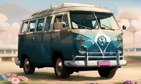 a highly detailed digital painting of a blue and white kombi parked on a flowery plain, vw, medium shot front profile, new vehic...