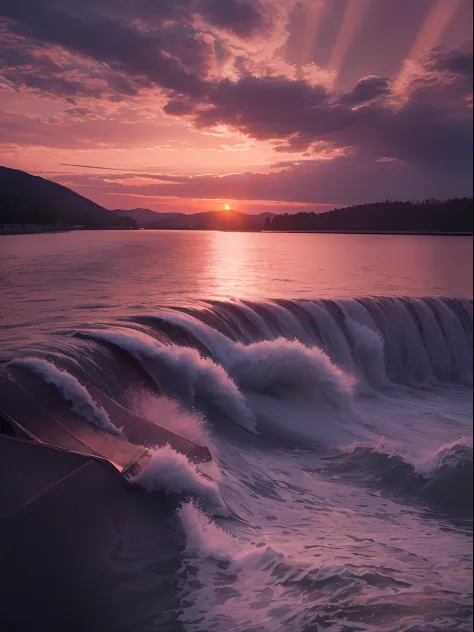 (a lake with a big water dam, control water, waves.) a sunset landscape, a boat, canon 50m lens effect, focused gaze in the midd...