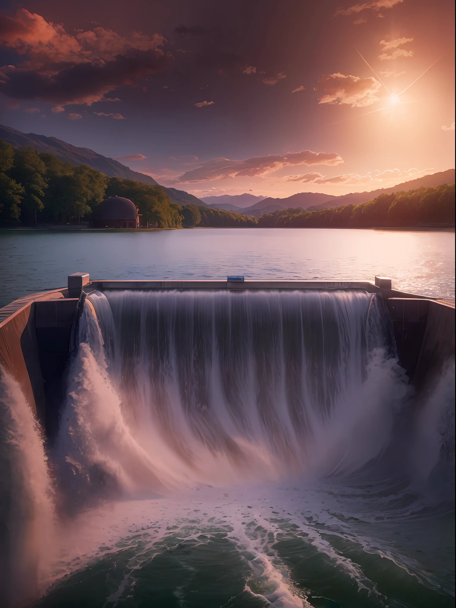 (A lake with a big water Dam, Control water, waves.) a sunset landscape, a boat, Canon 50m lens effect, focused gaze in the middle, detailed, 8k, fantastic, natural,