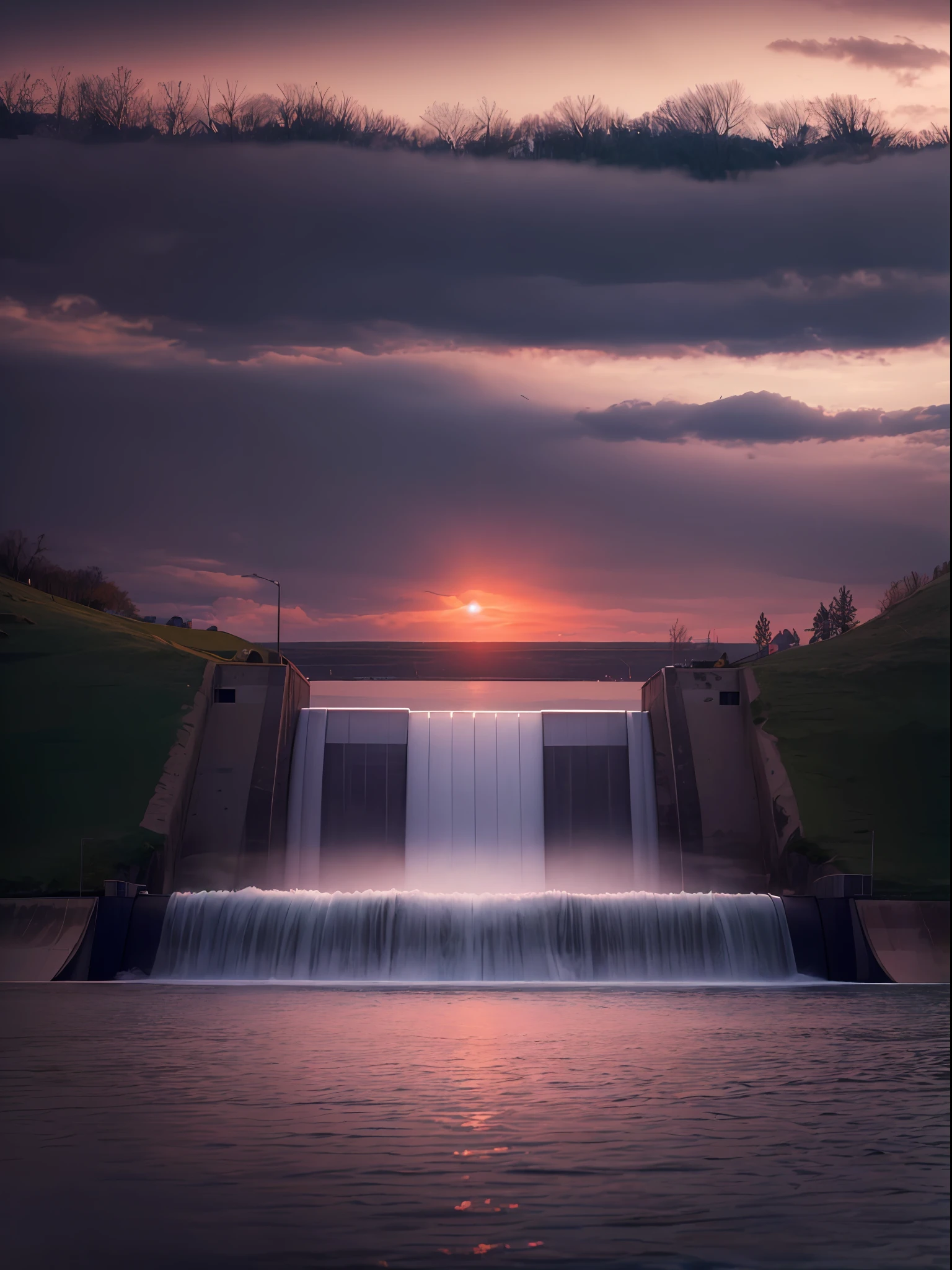 (A lake with a big water Dam, Control water, waves.) a sunset landscape, a boat, Canon 50m lens effect, focused gaze in the middle, detailed, 8k, fantastic, natural,