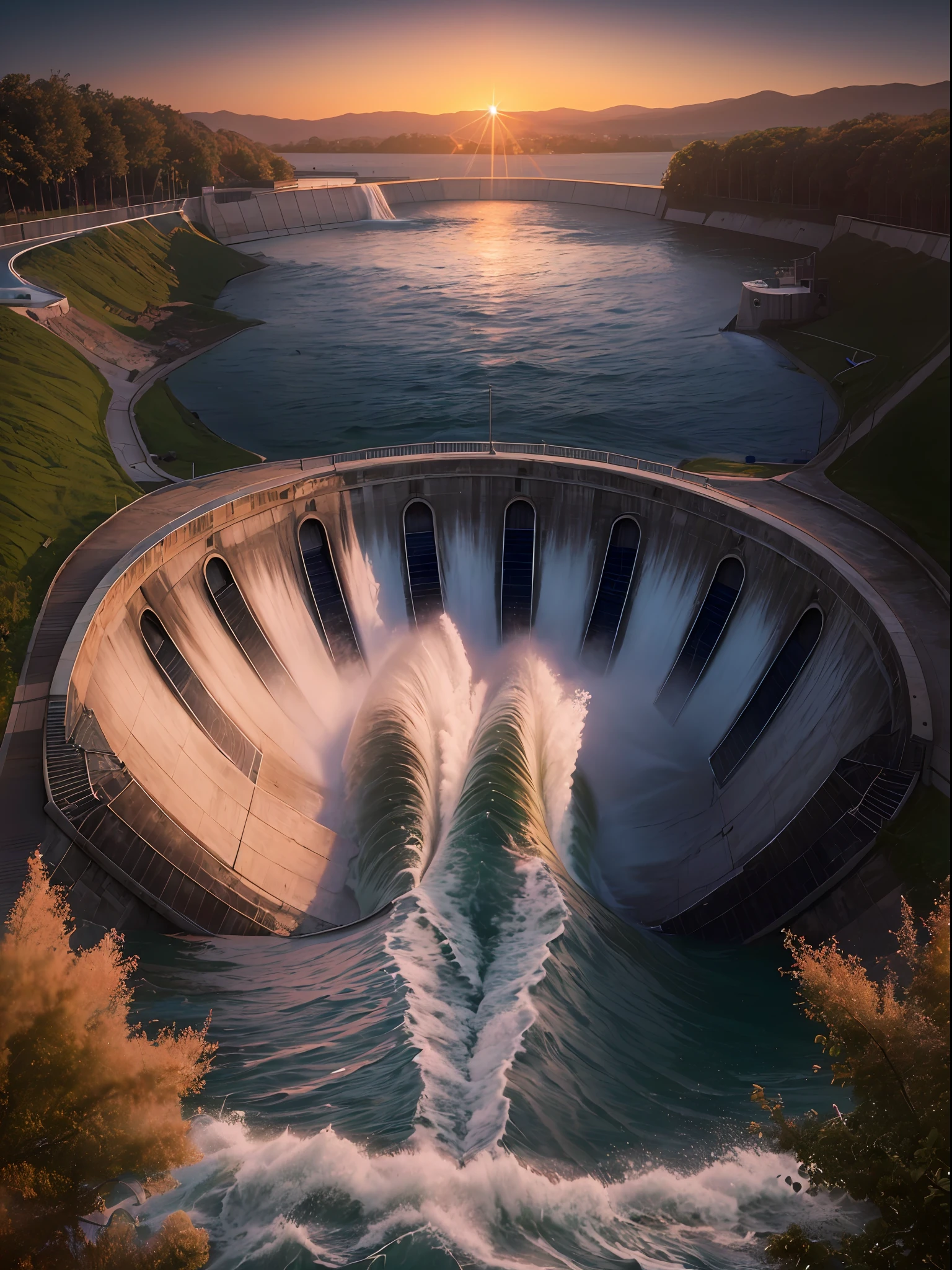 (A lake with a big water Dam, Control water, waves.) a sunset landscape, a boat, Canon 50m lens effect, focused gaze in the middle, detailed, 8k, fantastic, natural,