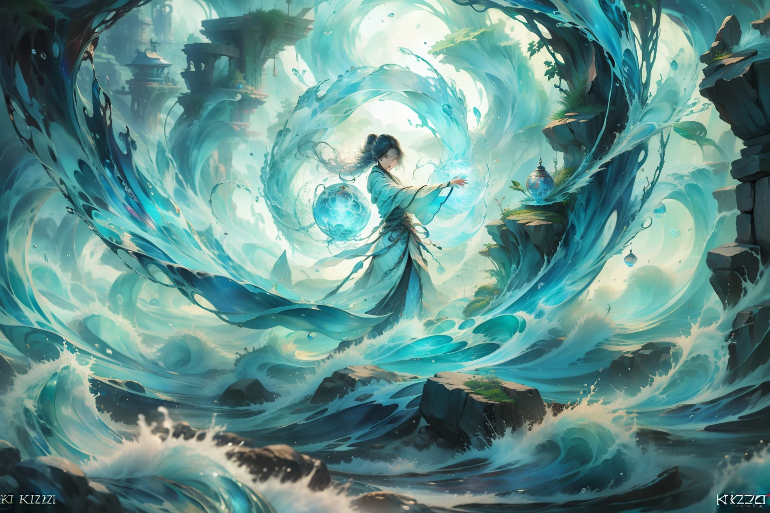 (((water ripple)))，crystal sphere，Magical Circle，magic orb，water bloom，waterfallr，offcial art，((((Kizi))))，thangka flying sky[1.5]，Ribbons[1.3]，（dream magical：1.5），（Hanfu：1.5），chinesedragon，Chinese Phoenix，Comic art wallpaper 8K， anime artsyle， Detailed anime artwork，Epic composition，Realistic lighting，high definition detail，tmasterpiece，Best quality，