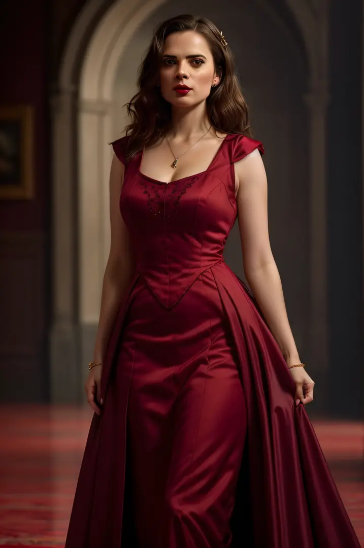 beautiful woman, hayley atwell, standing, wearing (scarlet victorian floor length gown), beautiful legs, long wavy hair, detaile...