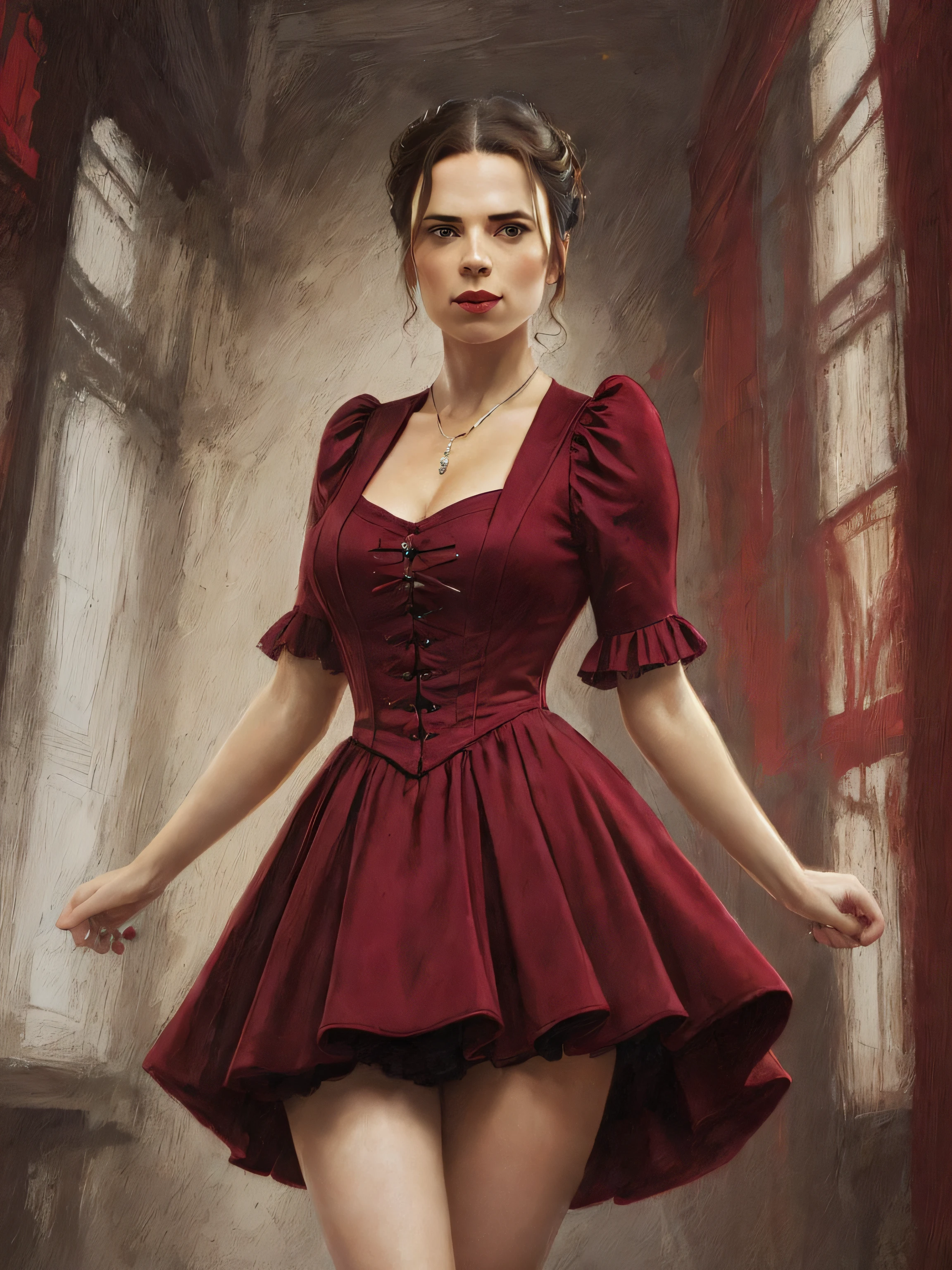 (Thirty year old) woman, standing, wearing a (long scarlet red Victorian dress:1.2), beautiful legs, dreamy photo, dramatic pose, looking straight at camera, intense stare, slight smile, blood red lips, dark eye make-up, beautiful landscape, Victorian gothic, misty, andre kohn, Canon, (Detailed features::1.2), real life. Hayley Atwell, intricate, 8k, highly detailed, (extremely detailed CG unity 8k wallpaper), ((square jaw)), (well defined jaw), (downturned lips), (detailed anatomy), Hyperrealistic full shot body image, trending on CGSociety, Intricate, High Detail, Sharp focus, dramatic, volumetric lighting, digital painting, intense, modelshoot style, (extremely detailed CG unity 8k wallpaper), full shot body photo of the most beautiful artwork in the world, pearl skin, professional majestic oil painting by Ed Blinkey, Atey Ghailan, Studio Ghibli, by Jeremy Mann, Greg Manchess, Antonio Moro, trending on ArtStation, photorealistic painting art by midjourney and greg Rutkowski