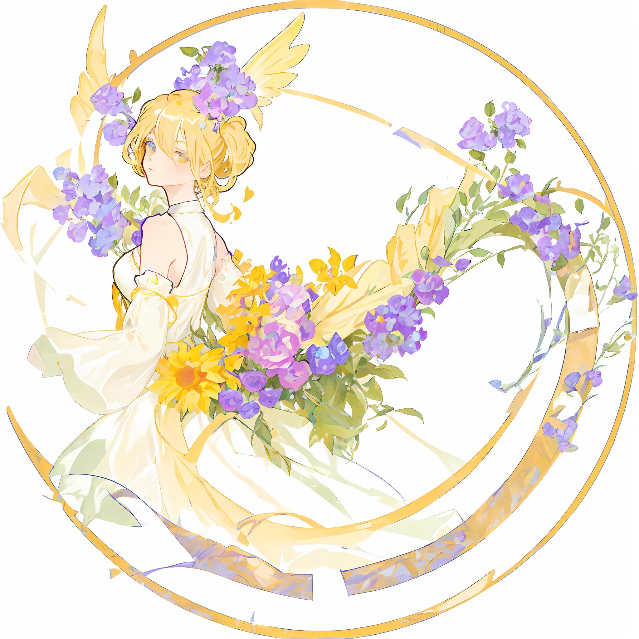 (Best quality),(Masterpiece),(Ultra detailed),(high detal),(Extremely detailed),An Alphonse Mucha's,  Ultra detailed，A girl,((Anime style )),Pisif, Floating hair, Floating,( floating long dress:1.3),(Wings:1.2),(flower:1.2) (Art Nouveau:1.25),neon theme,suprerralistic,beautiful detailed flowers, Beautiful detailed eyes,ultra - detailed,hyper qualit,,Eyes,Flowers and hair are the same color,beautiful color,face,Her hair is turning into flowers,Butterfly,,1 girl kawaii,,High details, High quality,The light from the back window is backlighted,Hair and clothes are flowers,Upper body ,High quality,hair with body ,Webbing dress, Upper body, Flower legs, Light particles,Black background, hairwithflower,Small chest band flower,Floating,1girll,Small breast, Marbling of hair and clothes, view the viewer,Original,big top sleeves, Floating,pupils, [[hair on one eye]],Dark ,Yellow hair,angel,Halo