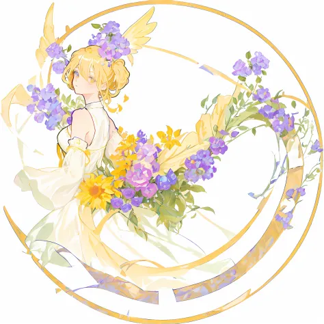 (Best quality),(Masterpiece),(Ultra detailed),(high detal),(Extremely detailed),An Alphonse Mucha's,  Ultra detailed，A girl,((Anime style )),Pisif, Floating hair, Floating,( floating long dress:1.3),(Wings:1.2),(flower:1.2) (Art Nouveau:1.25),neon theme,su...
