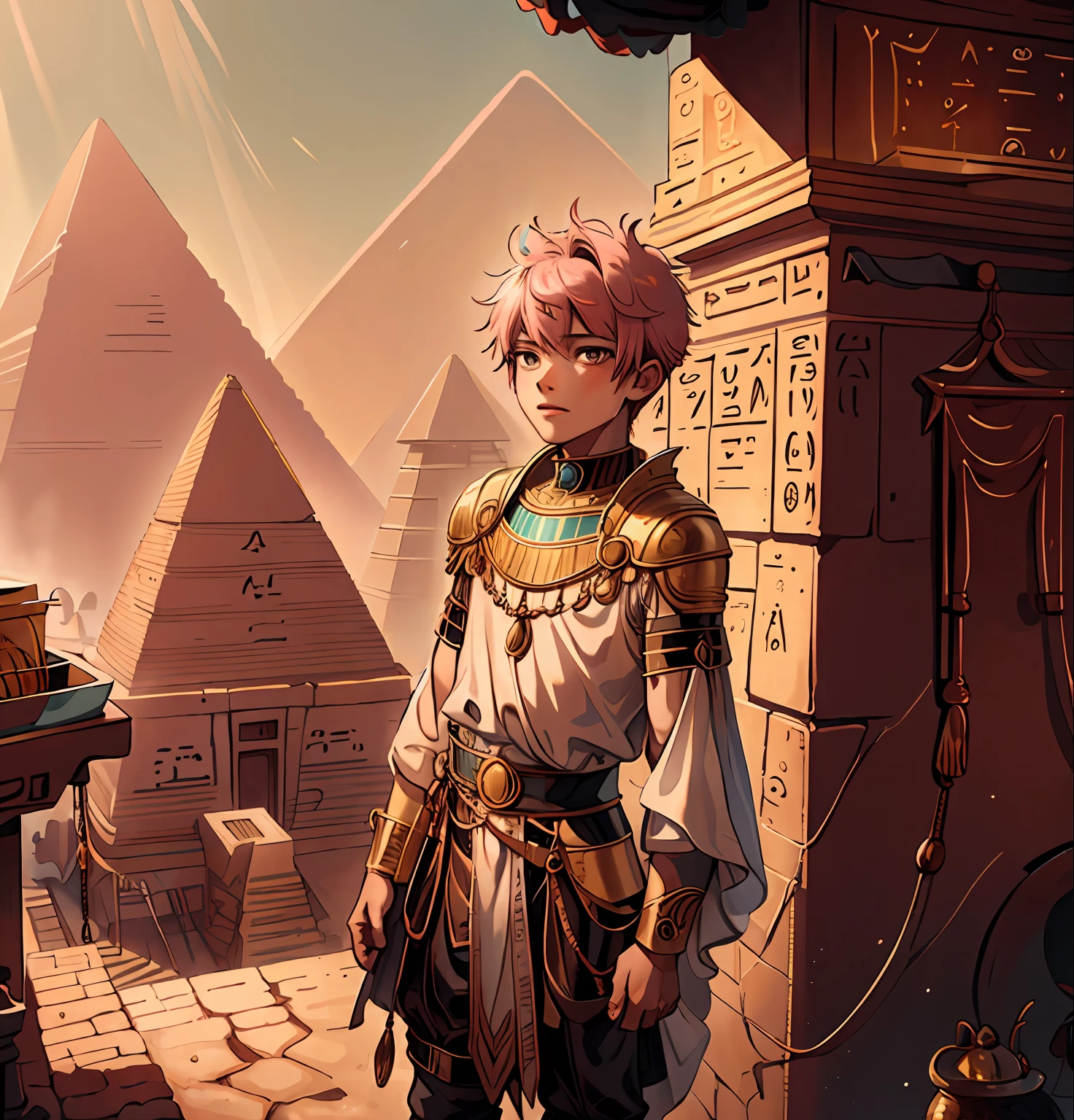 A 15-year-old boy with short pink hair is a man who has honey-colored eyes of this white hanging at the bottom of ancient Egypt you can see the pyramids