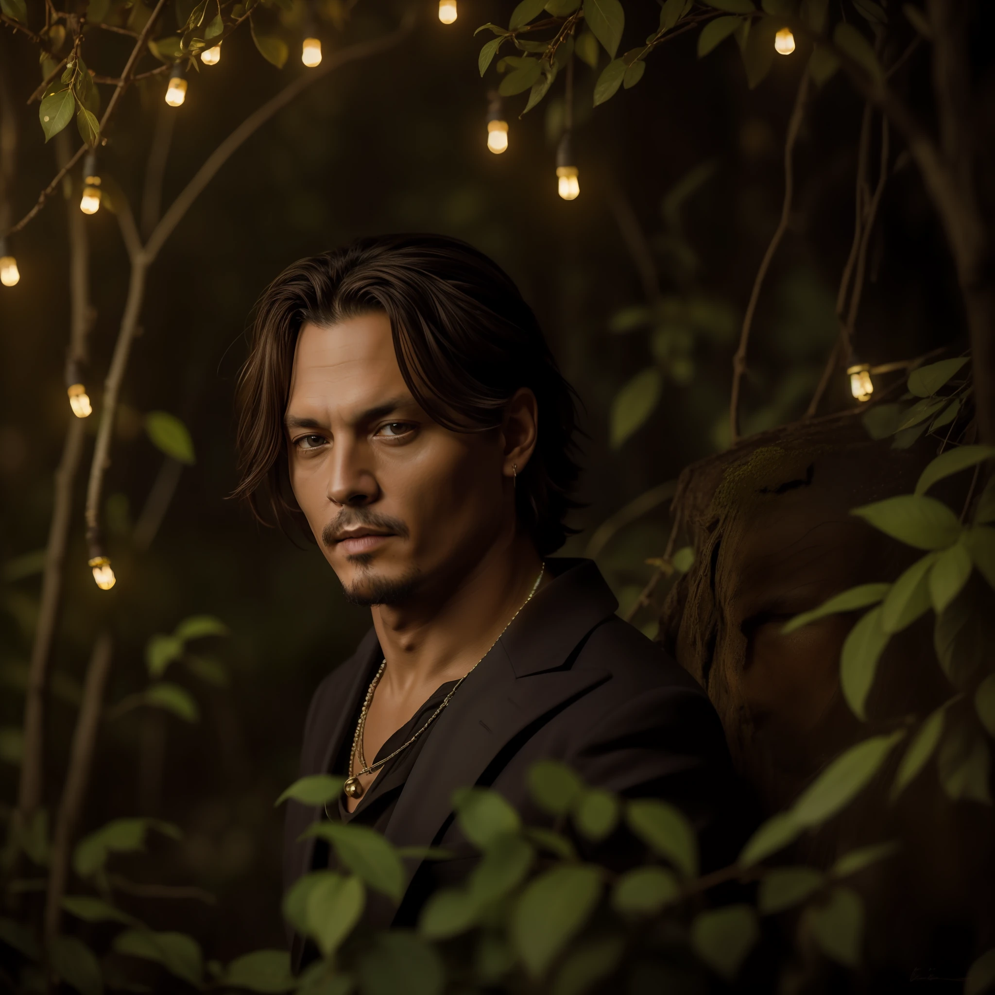 Masterpiece, Johnny Depp Walks Through the Jungle (Night of Fireflies), (High Detail: 1 1), Rough Face, Natural Skin, High Quality, NSFW, Beautiful Eyes, (Detailed Face and Eyes), (Face :1 2), noise, extra, real photo, PSD, light film photography, sharp focus, contrast lighting, detailed skin, high resolution 8k, crazy detail, realistic, professional photography, 8k UHD, DSLR, soft light , high quality, film grain, Fujifilm XT3