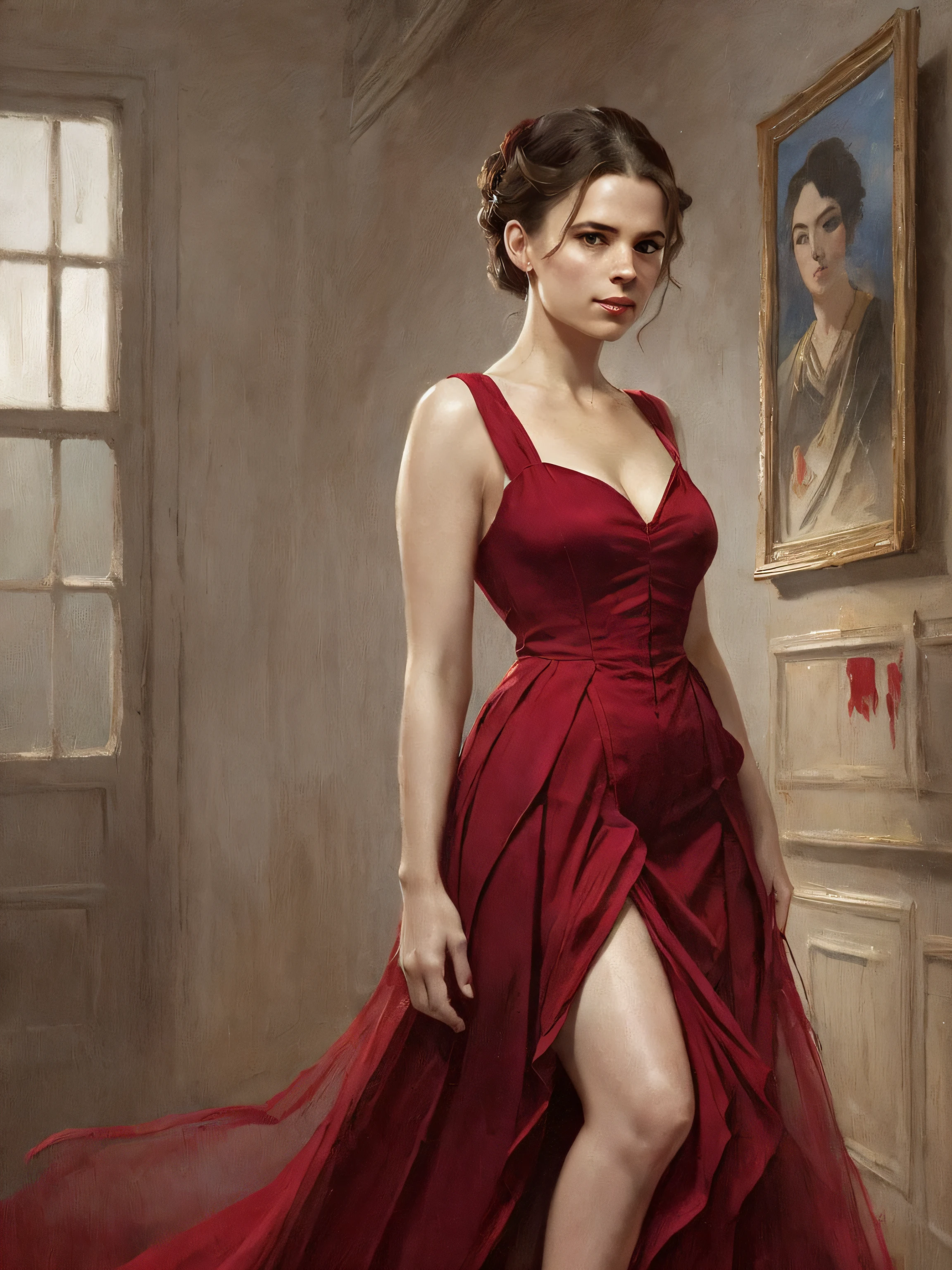 (Thirty year old) woman, standing, wearing a (floor length scarlet red Victorian dress:1.2), beautiful legs, dreamy photo, dramatic pose, looking straight at camera, intense stare, slight smile, blood red lips, dark eye make-up, beautiful landscape, Victorian gothic, gothic architecture, misty, andre kohn, Canon, (Detailed features::1.2), real life. Hayley Atwell, intricate, 8k, highly detailed, (extremely detailed CG unity 8k wallpaper), ((square jaw)), (well defined jaw), (downturned lips), (detailed anatomy), Hyperrealistic full shot body image, trending on CGSociety, Intricate, High Detail, Sharp focus, dramatic, volumetric lighting, digital painting, intense, modelshoot style, (extremely detailed CG unity 8k wallpaper), full shot body photo of the most beautiful artwork in the world, pearl skin, professional majestic oil painting by Ed Blinkey, Atey Ghailan, Studio Ghibli, by Jeremy Mann, Greg Manchess, Antonio Moro, trending on ArtStation, photorealistic painting art by midjourney and greg Rutkowski