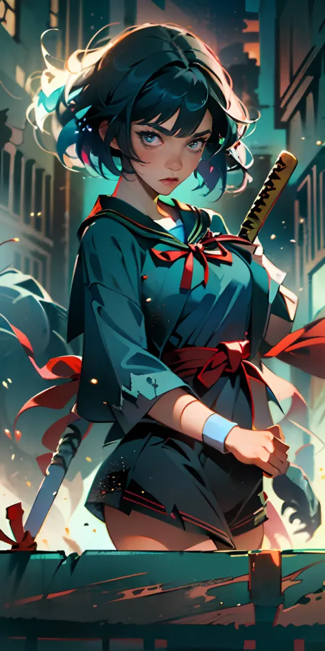 (best quality, masterpiece), 1girl, 12 year age, samurai sword, (((dark blue costume))) ((red ribbon)) ((very short bobcut hair,...