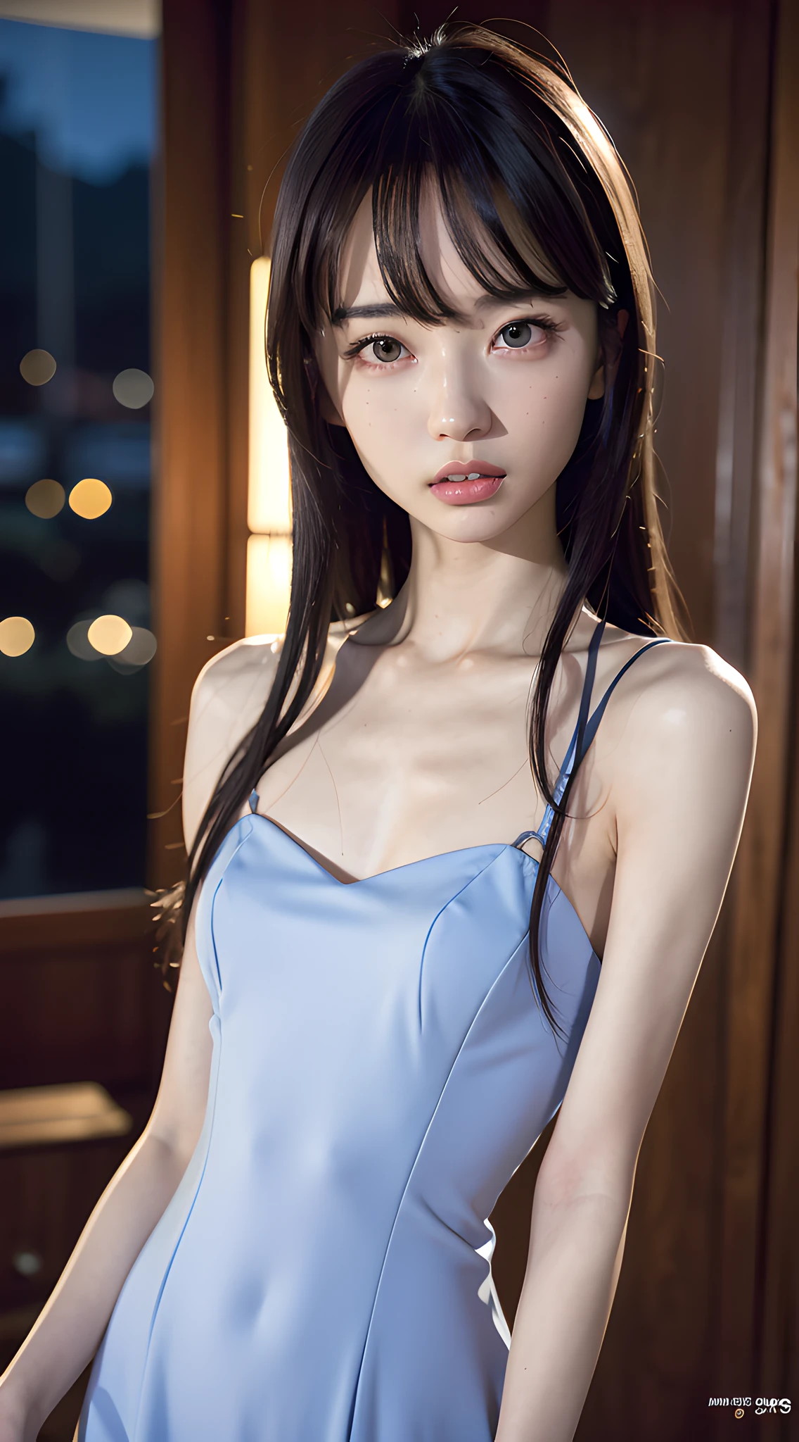 (masterpiece, best quality, 8k, absurdres:1.2), beautiful girl, pretty face, (upper body, night, modern dress, idol face, cinch waist:1.2), slender, facelight, cinematic lighting, professional lighting, sharp focus, detailed eyes and face, (smile:0.5), bedroom, bokeh background