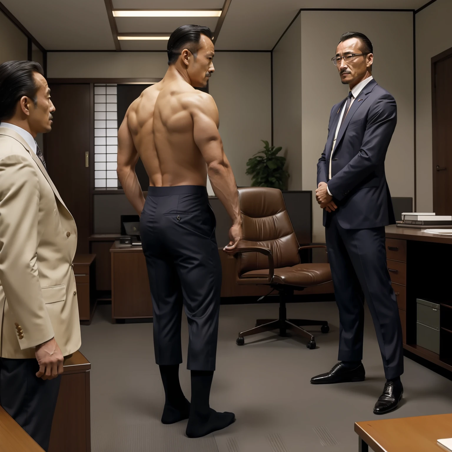 50yearsold，Hidetoshi Nakata，（Kogoro Mouri 1.3），Shirtless，Tong，Bulge，office room，black long socks，Thin，musculature，lbeard，fortitude，artwork of a，tmasterpiece，k hd，Insert from behind，Three people