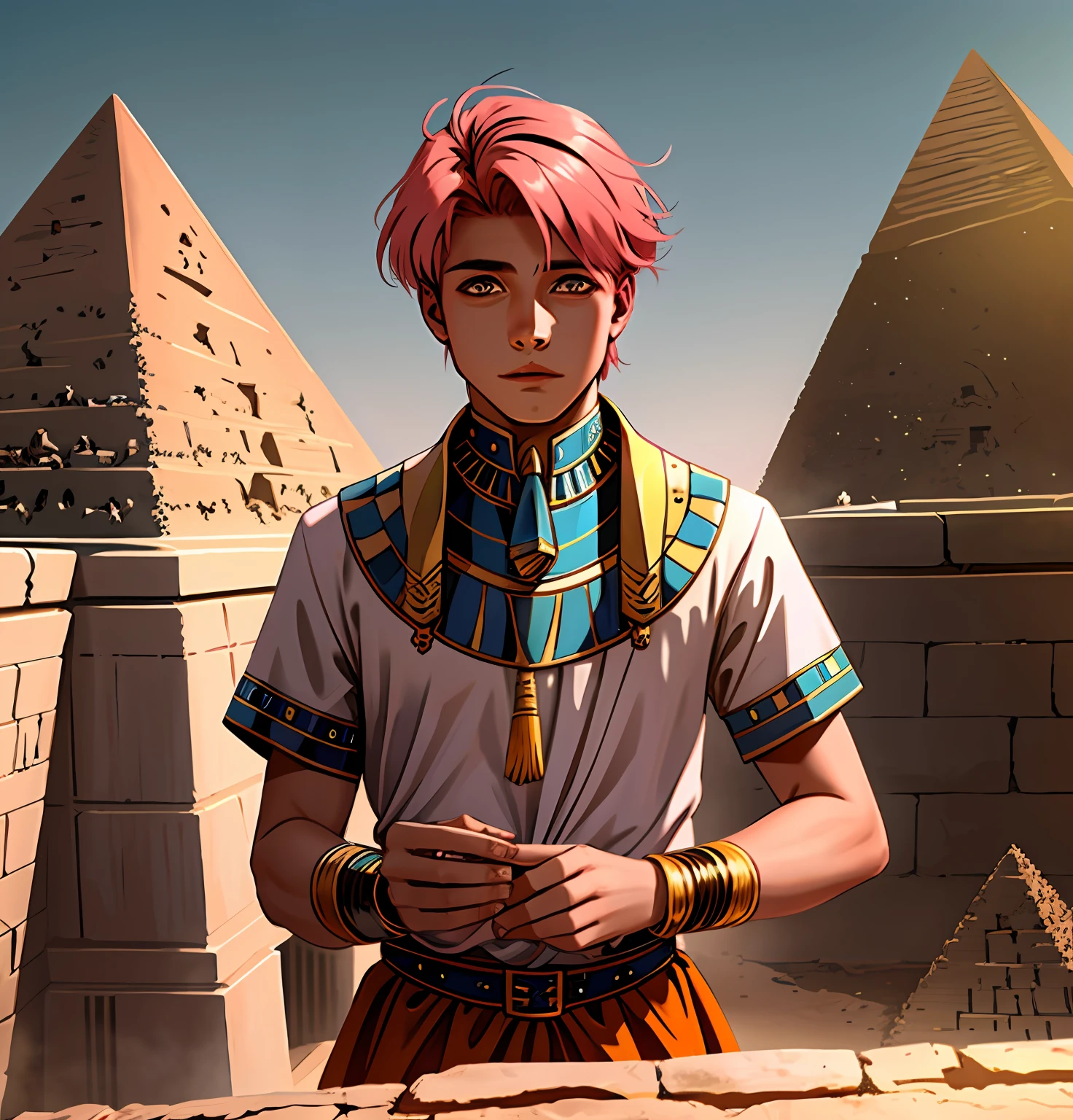 A 15-year-old boy with short pink hair is a man who has honey-colored eyes of this white hanging at the bottom of ancient Egypt you can see the pyramids