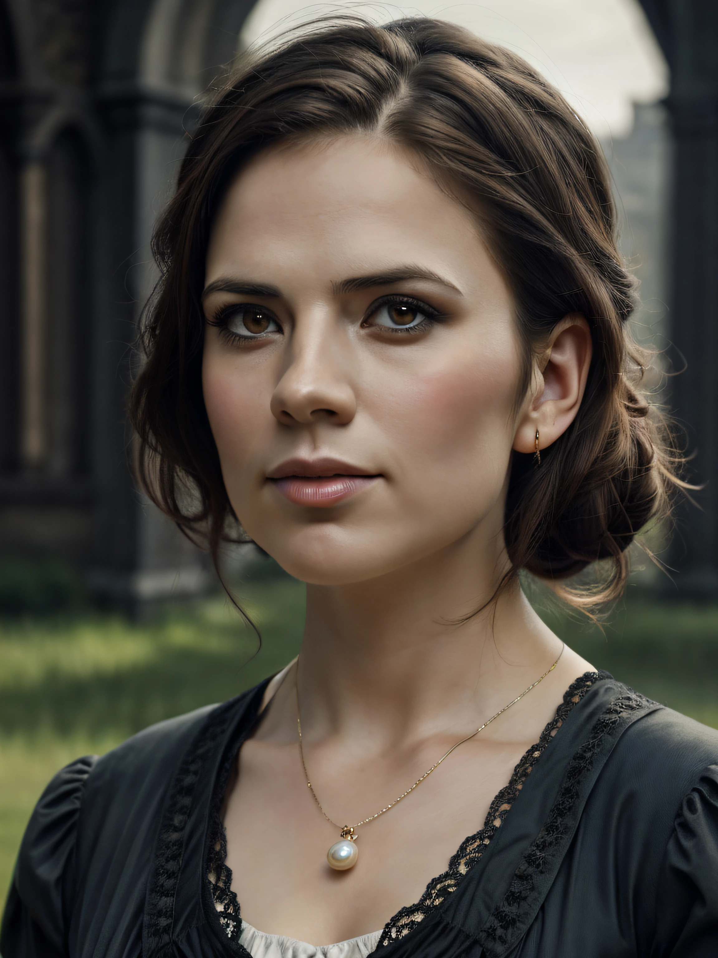 (Thirty year old) woman, standing, wearing a (Victorian peasant dress:1.2), dreamy photo, looking straight at camera, slight smile, full lips, beautiful gothic building, cloisters, Victorian gothic, gothic architecture, misty, andre kohn, Canon, (Detailed features::1.2), real life. Hayley Atwell, intricate, 8k, highly detailed, (extremely detailed CG unity 8k wallpaper), ((square jaw)), (well defined jaw), (downturned lips), (detailed anatomy), Hyperrealistic full shot body image, trending on CGSociety, Intricate, High Detail, Sharp focus, dramatic, volumetric lighting, digital painting, intense, modelshoot style, (extremely detailed CG unity 8k wallpaper), full shot body photo of the most beautiful artwork in the world, pearl skin, professional majestic oil painting by Ed Blinkey, Atey Ghailan, Studio Ghibli, by Jeremy Mann, Greg Manchess, Antonio Moro, trending on ArtStation, photorealistic painting art by midjourney and greg Rutkowski