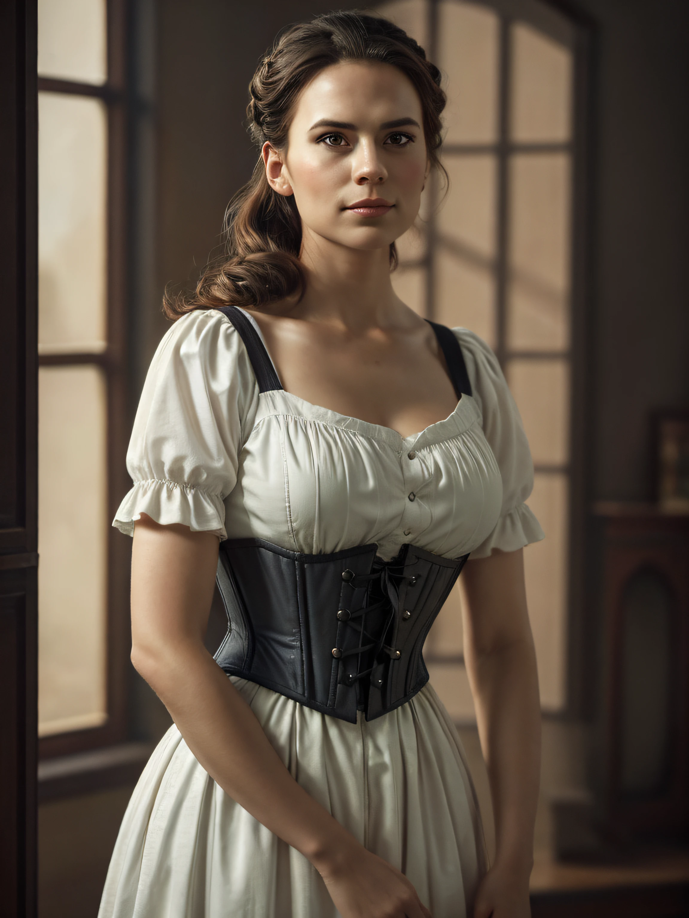 (Thirty year old) woman, standing, wearing a (white Victorian peasant dress with dark grey corset:1.2), long legs, dreamy photo, looking straight at camera, slight smile, full lips, beautiful gothic building, cloisters, Victorian gothic, gothic architecture, misty, andre kohn, Canon, (Detailed features::1.2), real life. Hayley Atwell, intricate, 8k, highly detailed, (extremely detailed CG unity 8k wallpaper), ((square jaw)), (well defined jaw), (downturned lips), (detailed anatomy), Hyperrealistic full shot body image, trending on CGSociety, Intricate, High Detail, Sharp focus, dramatic, volumetric lighting, digital painting, intense, modelshoot style, (extremely detailed CG unity 8k wallpaper), full shot body photo of the most beautiful artwork in the world, pearl skin, professional majestic oil painting by Ed Blinkey, Atey Ghailan, Studio Ghibli, by Jeremy Mann, Greg Manchess, Antonio Moro, trending on ArtStation, photorealistic painting art by midjourney and greg Rutkowski