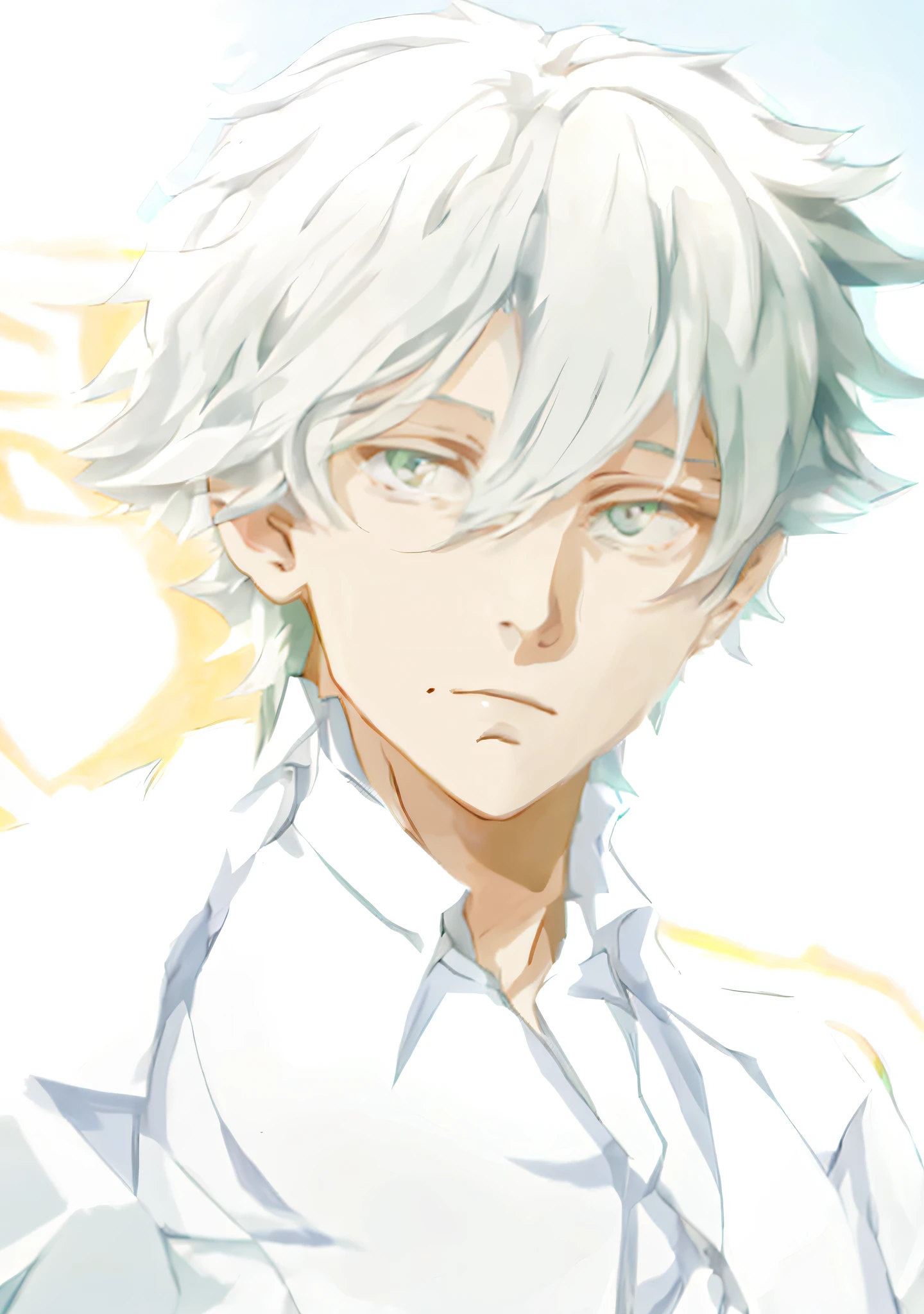 Chico de anime con ojos verdes y cabello blanco, anime sombreado vectorial, cara suave de anime detallada, joven animado, el tiene pelos gris oscuro, Kaworu Nagisa, anime semi realista, en un estilo anime, personaje de anime masculino, cara de anime perfecta, como personaje de anime, anime sombreado cel, pelo blanco, un loco de pelo plateado, cara anime retrato