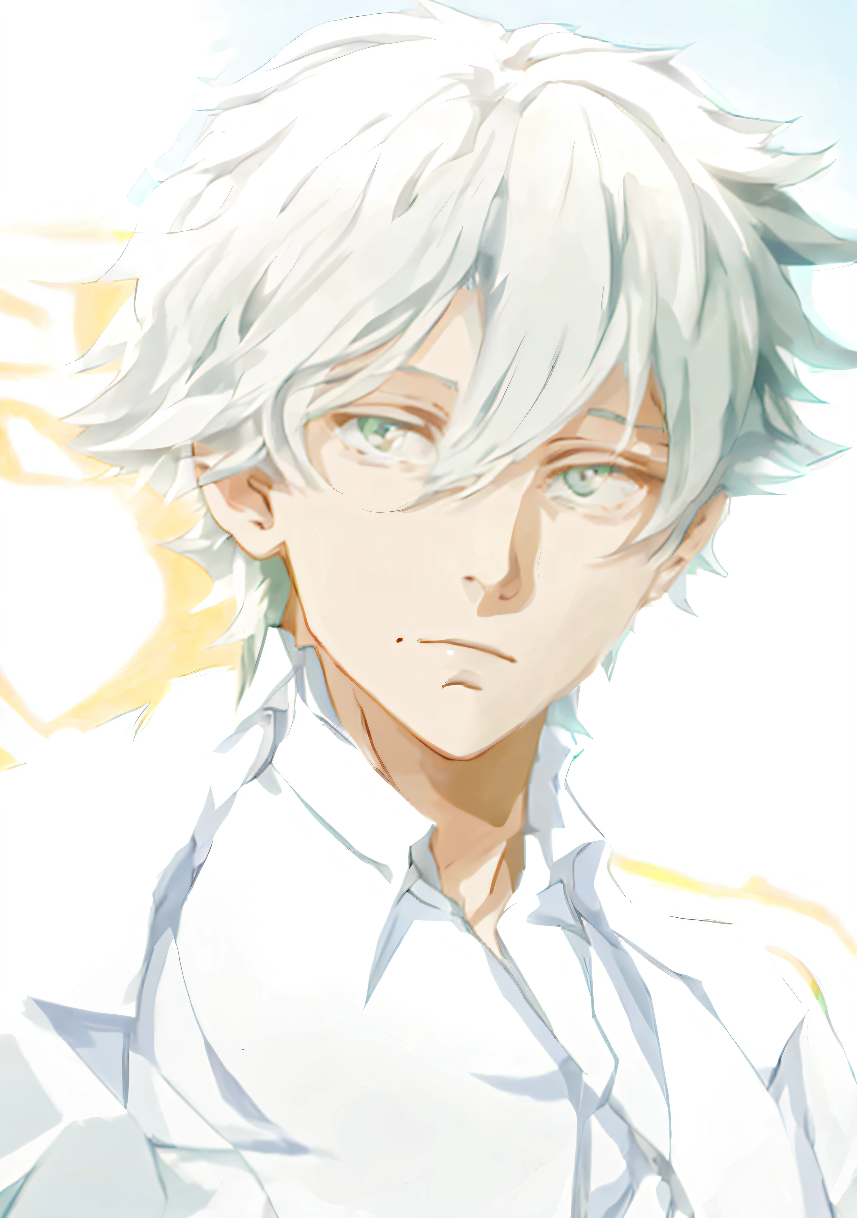 Menino anime com olhos verdes e cabelos brancos, anime sombreado de vetor, rosto macio de anime detalhado, jovem anime homem, ele tem cabelos grisalhos escuros, kaworu nagisa, anime semi-realista, em estilo anime, personagem de anime masculino, cara de anime perfeita, como personagem de anime, anime cel shaded, whaite hair, uma louca de cabelos prateados, retrato de anime de rosto